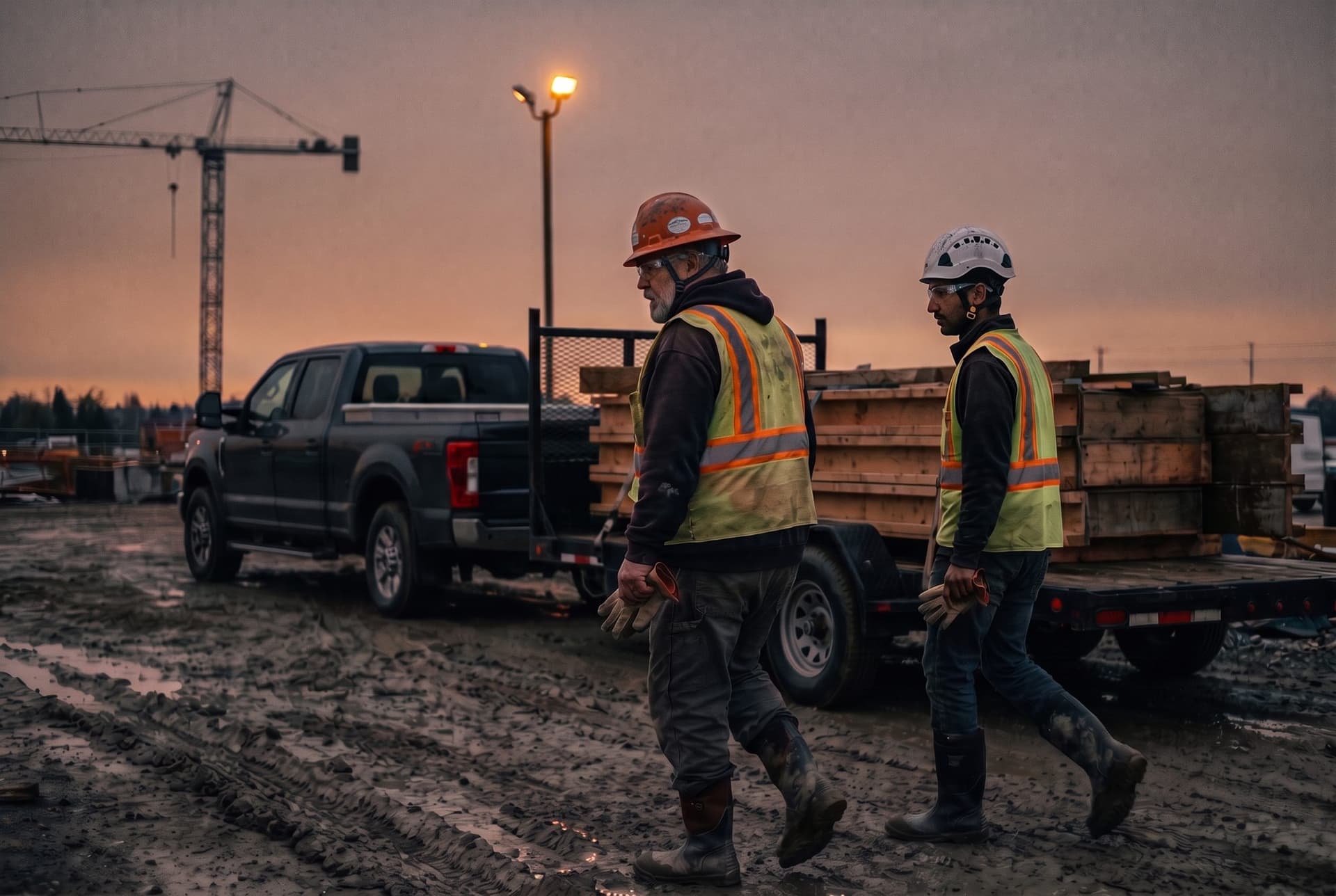 Two workers walking past a pickup and a trailer of formwork at dusk, after the shift