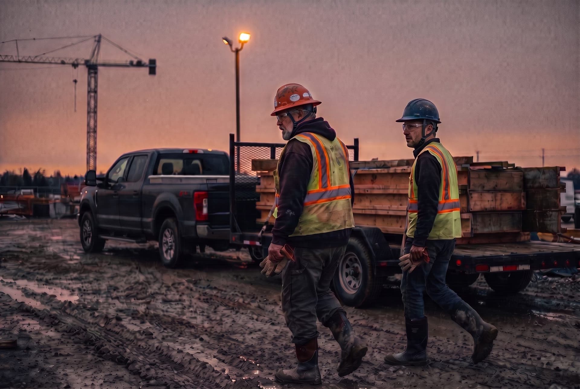 Two workers walking past a pickup and a trailer of formwork at dusk, after the shift