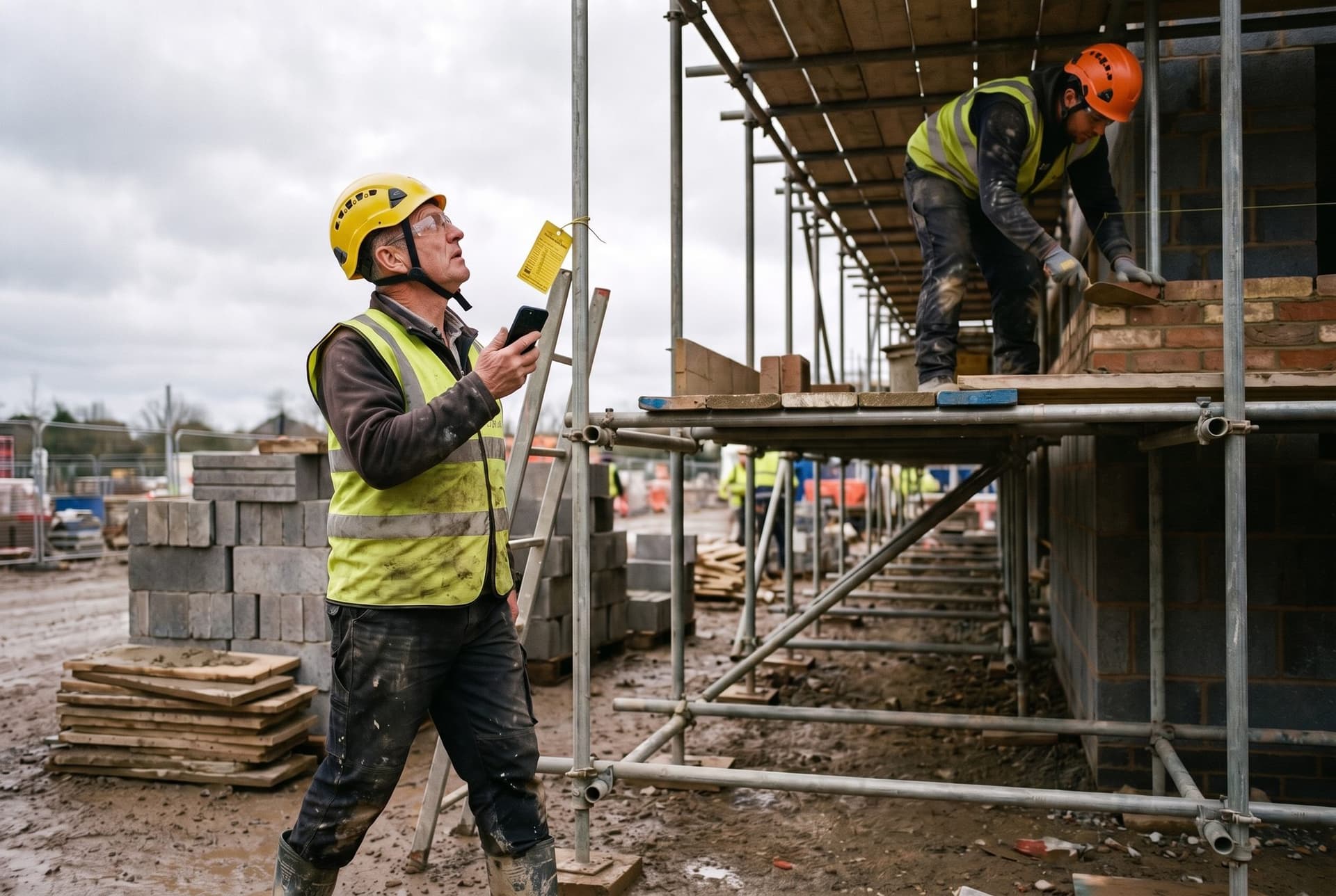 An inspector talking into his phone as he checks a scaffold tag on a masonry site