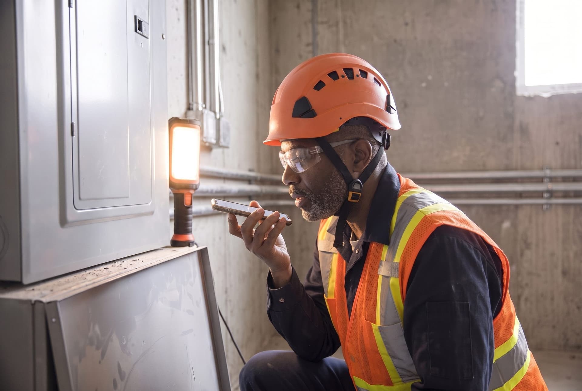 An electrician beside a closed panel dictating a finding into his phone