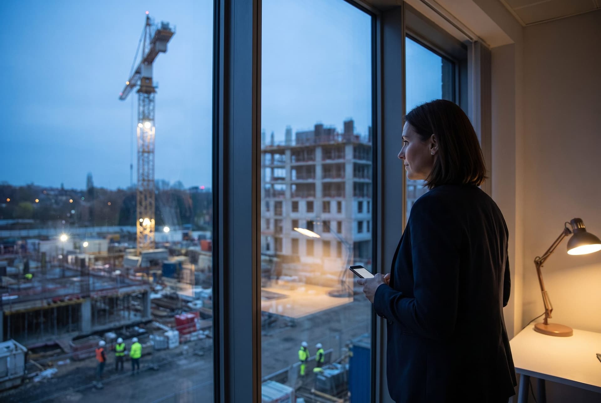 An operations director at a site office window at dusk, phone in hand, looking out over a crane and a crew at work below