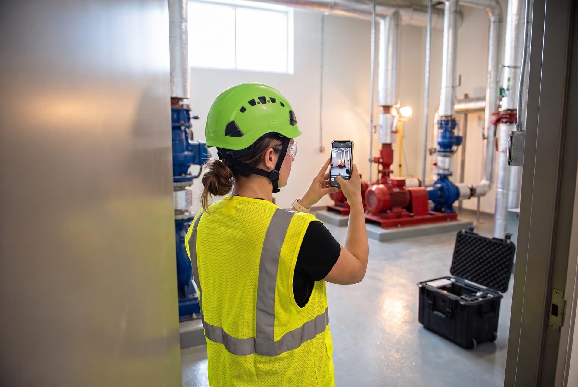 A crew lead in a helmet and safety glasses photographing a finished, swept mechanical room