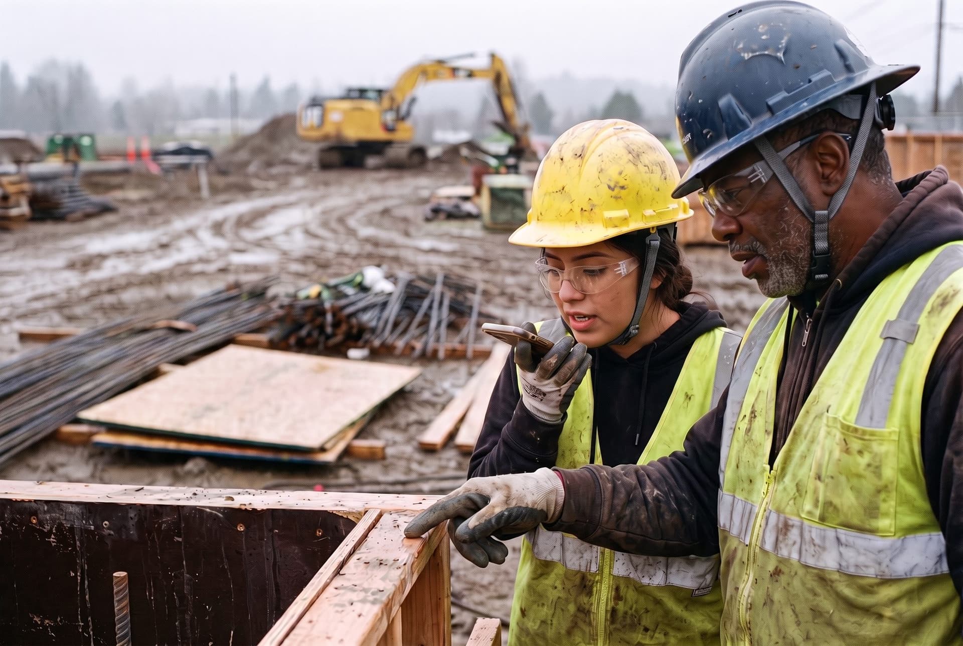 A foreman points at a formwork edge while an apprentice speaks the finding into her phone