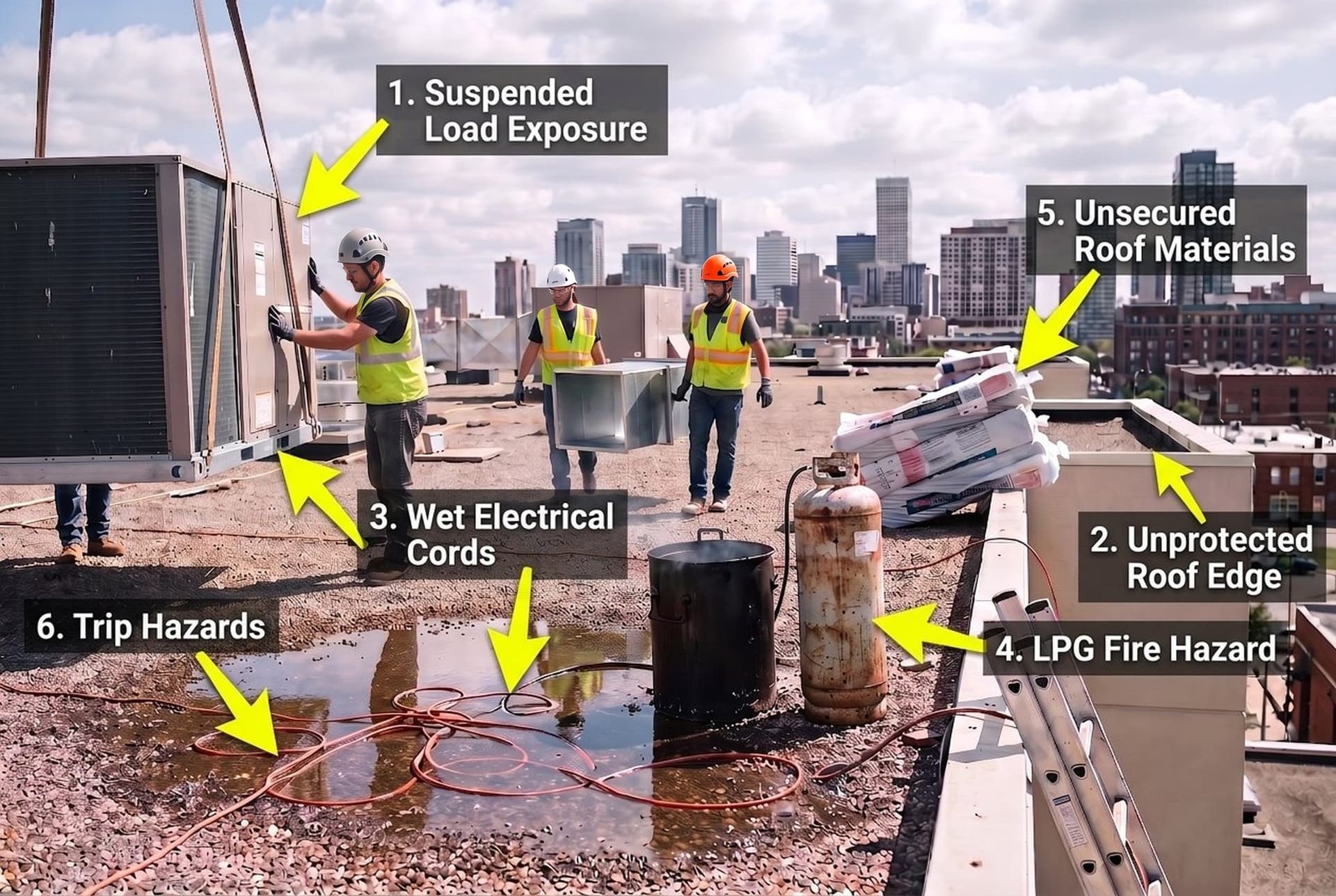 A rooftop photo with six hazards marked by AI: suspended load exposure, an unprotected roof edge, wet electrical cords, an LPG fire hazard, unsecured roof materials and trip hazards