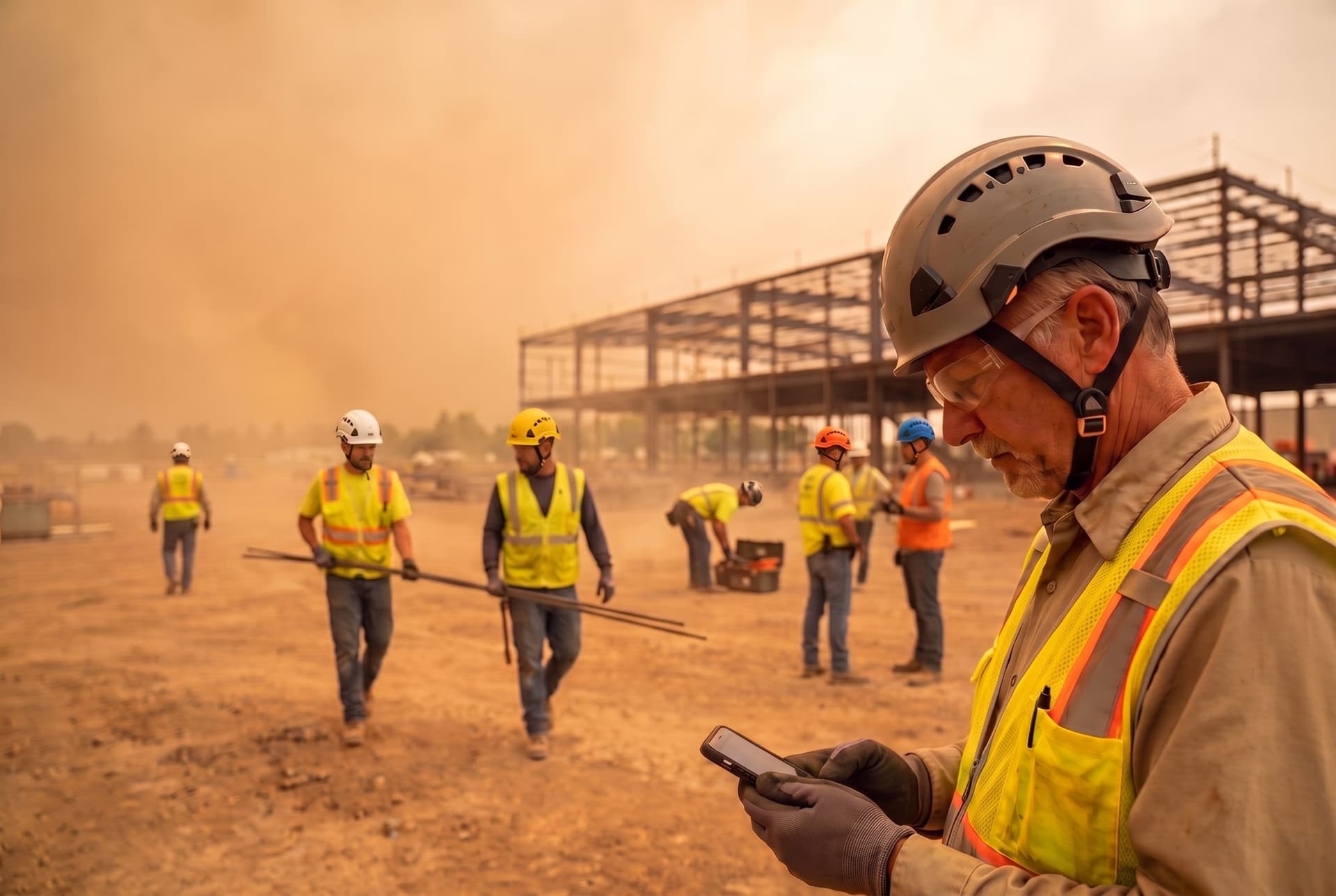 A superintendent in a strapped, vented safety helmet and clear glasses checks his phone as wildfire smoke turns the sky amber and wind drives dust across a steel-frame site, his helmeted crew behind him