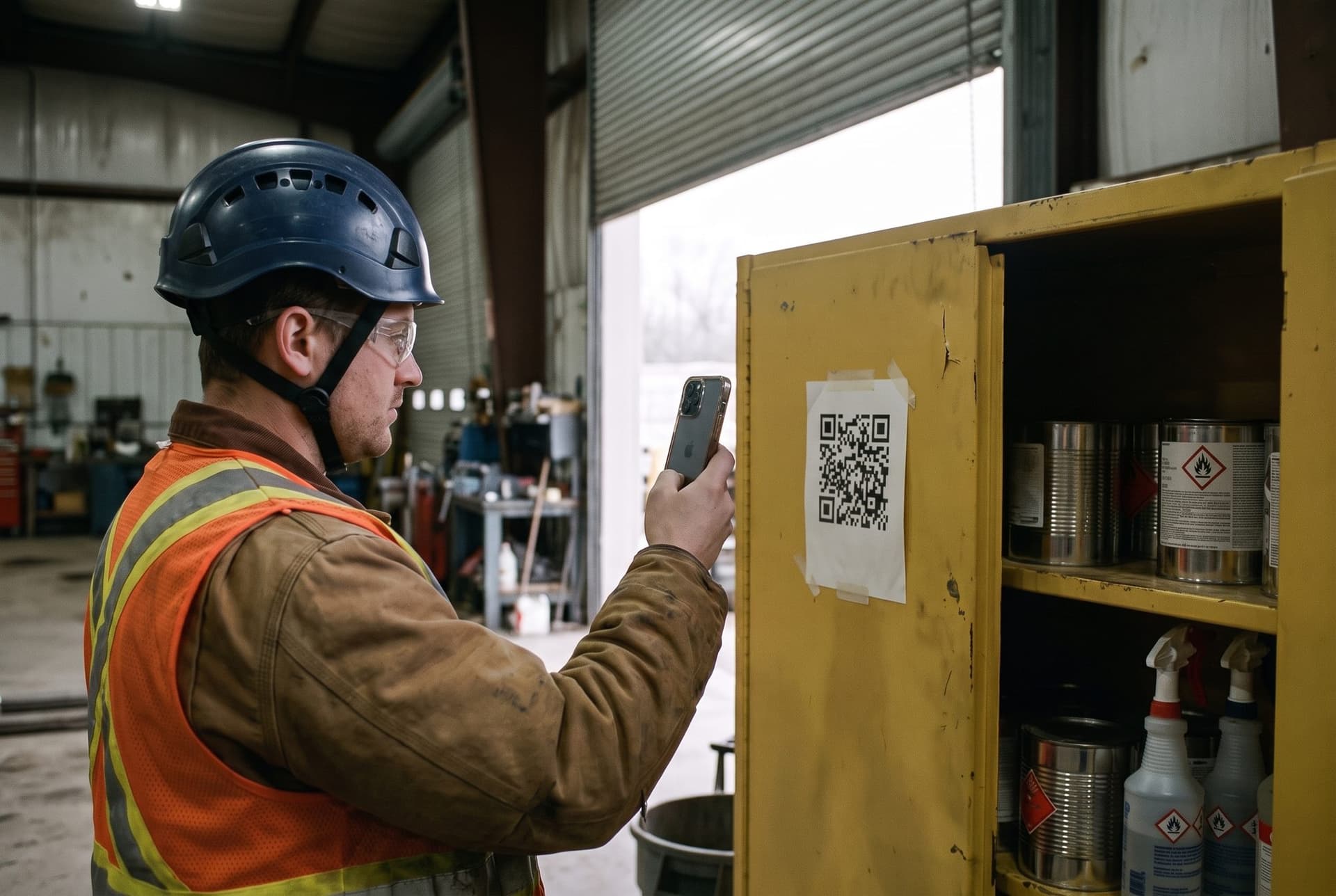 A worker in a safety helmet scanning the QR poster on the door of a flammables cabinet