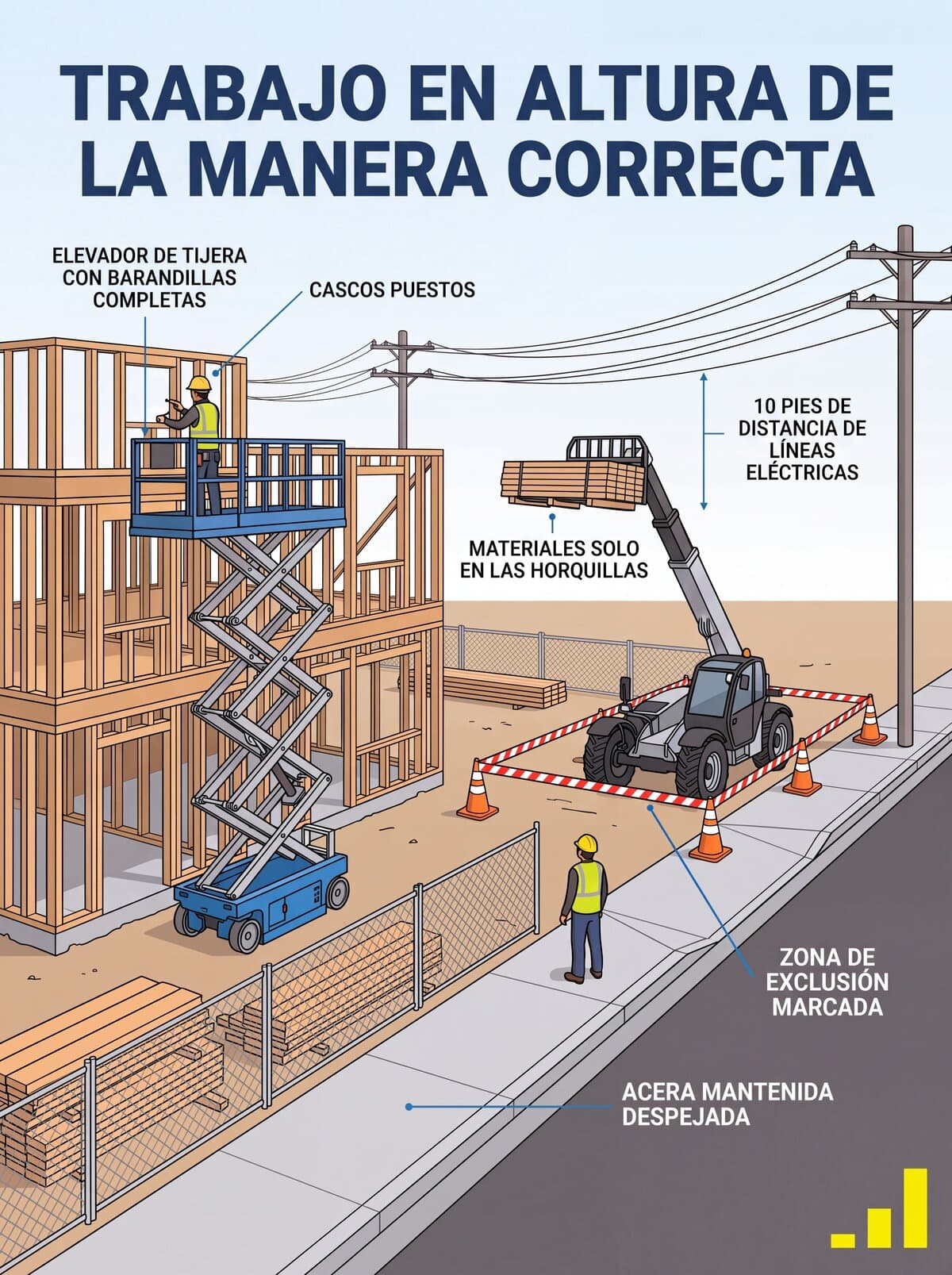 El mismo cartel en español: elevador de tijera con barandillas completas, cascos puestos, solo materiales en las horquillas, 10 pies de distancia de las líneas eléctricas, zona de exclusión marcada y acera despejada