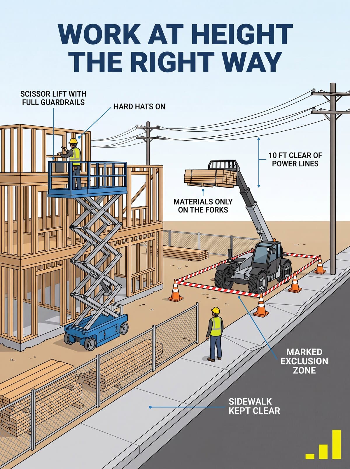 The toolbox talk poster drafted from those hazards, showing the work done safely: a scissor lift with full guardrails, hard hats on, materials only on the telehandler forks, the boom 10 feet clear of power lines, a marked exclusion zone and the sidewalk kept clear
