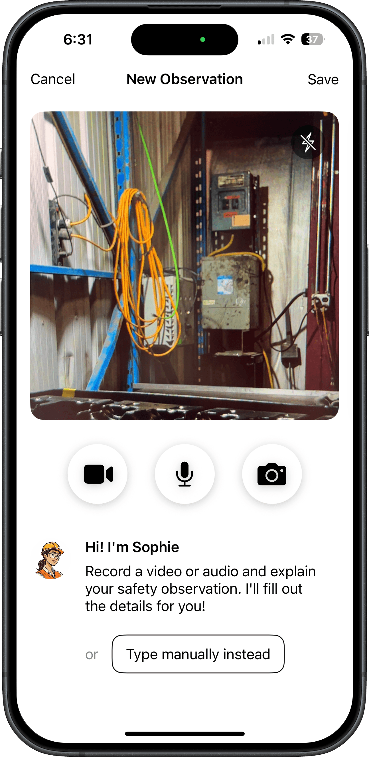 Sophie AI mobile app safety observation - voice photo video reporting for construction site hazards