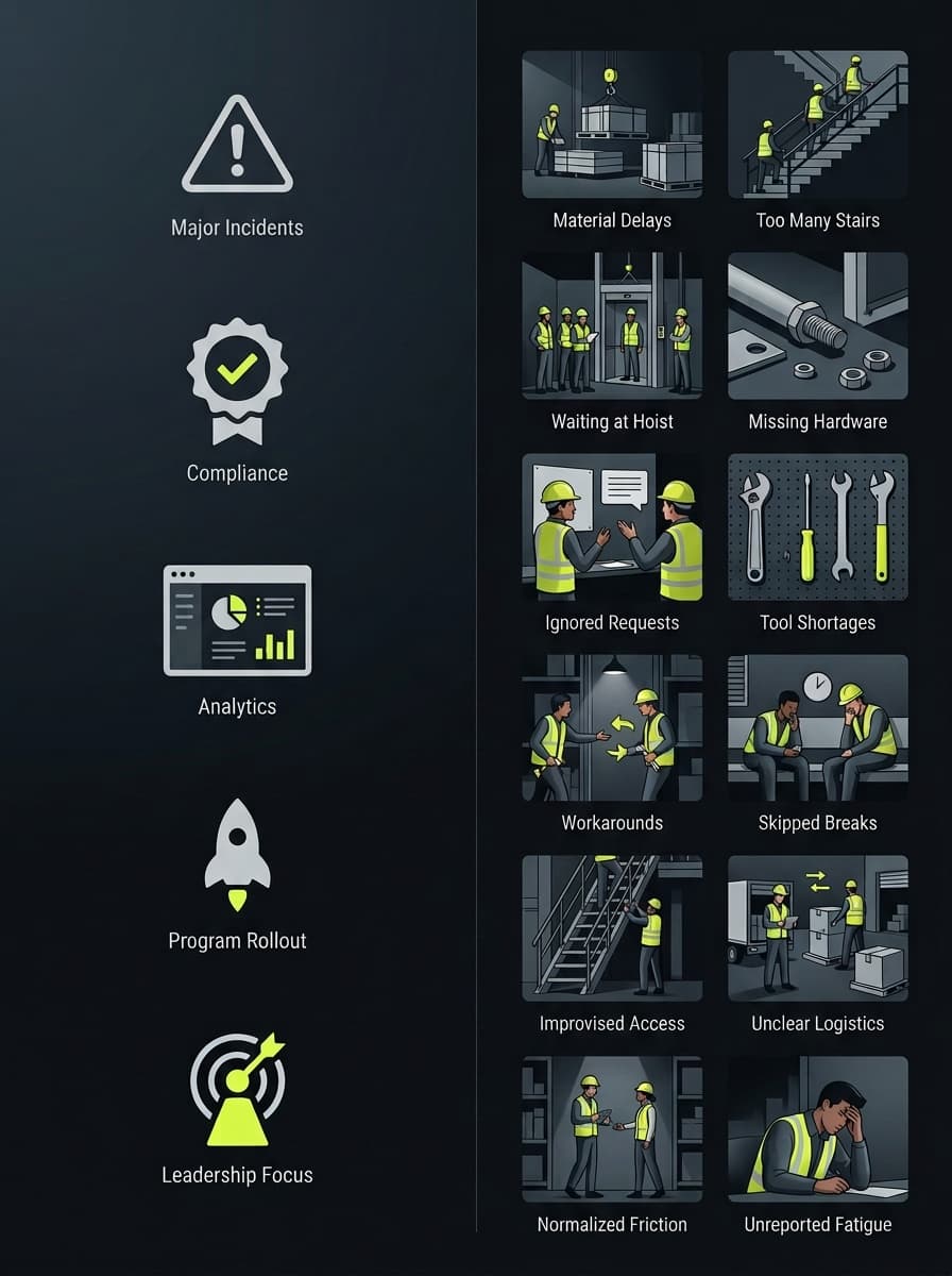 Create this as a refined editorial systems graphic in the style of Josef Muller-Brockmann's Swiss modernist information design: warm off-white paper background, charcoal typography, thin warm-gray rules, restrained geometry, generous whitespace, no icons, no 3D, no decorative illustration, no glossy effects, boardroom-report tone, typography-led and highly legible. Landscape orientation. Attention-vs-reality gap diagram illustrating the disparity between what leadership monitors and what the field absorbs daily.