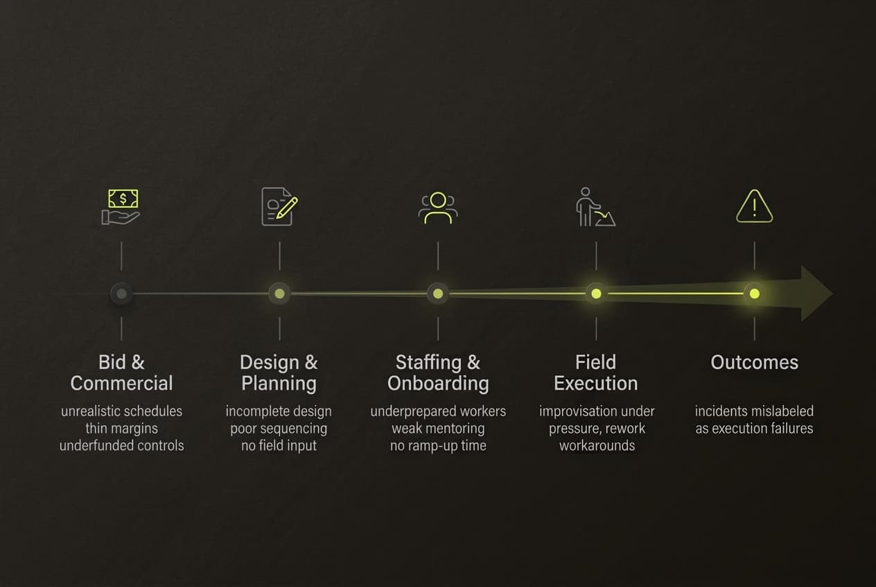 Create this as a refined editorial systems graphic in the style of Josef Muller-Brockmann's Swiss modernist information design: warm off-white paper background, charcoal typography, thin warm-gray rules, restrained geometry, generous whitespace, no icons, no 3D, no decorative illustration, no glossy effects, boardroom-report tone, typography-led and highly legible. Landscape orientation. Show five connected stages flowing left to right with slim arrows between them. Stage 1: Bid & Commercial — unrealistic schedules, thin margins, underfunded controls. Stage 2: Design & Planning — incomplete design, poor sequencing, no field input. Stage 3: Staffing & Onboarding — underprepared workers, weak mentoring, no ramp-up time. Stage 4: Field Execution — improvisation under pressure, rework, workarounds. Stage 5: Outcomes — incidents mislabeled as execution failures. Add one restrained annotation beneath: The workshop's central finding: most field risk is designed in before work starts.