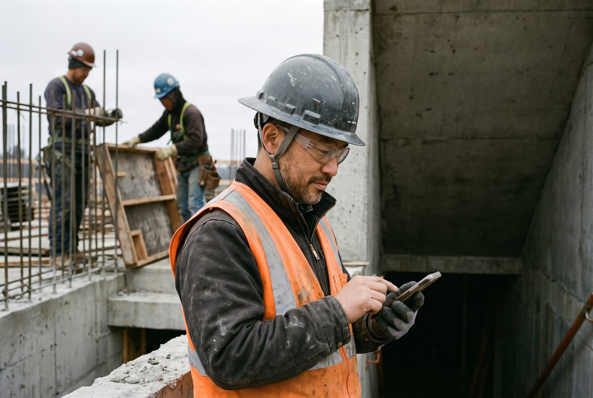 A superintendent at a concrete stair core reading an answer on his phone while the crew ties rebar behind him