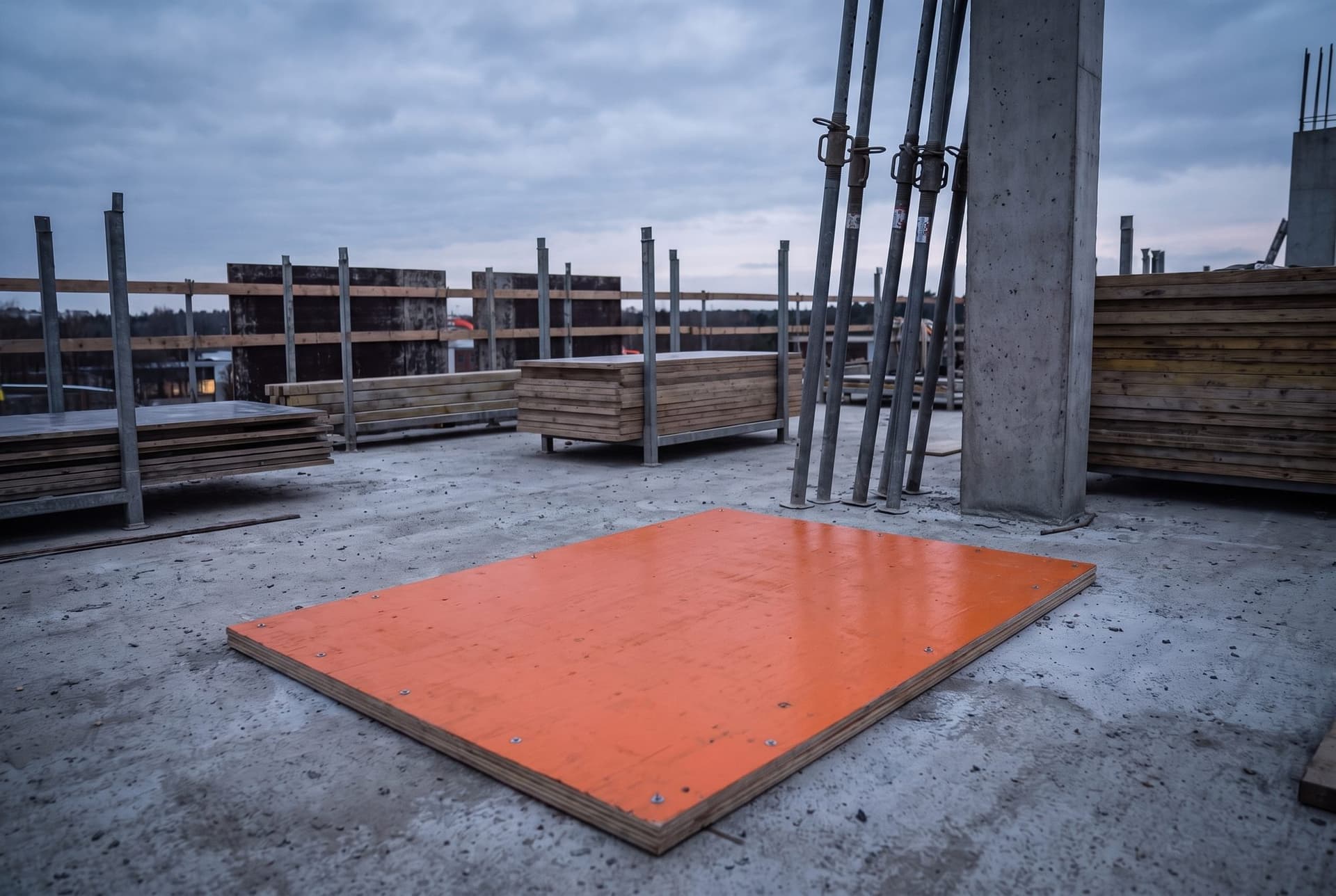 The same floor opening under a plywood cover painted orange and screwed to the slab