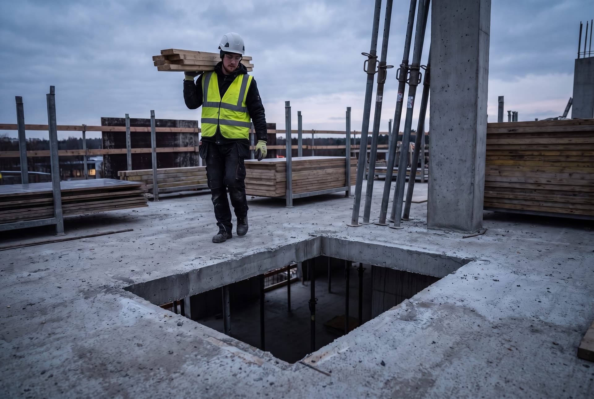 An uncovered floor opening in the Level 2 deck, a carpenter carrying lumber a few steps away, as reported