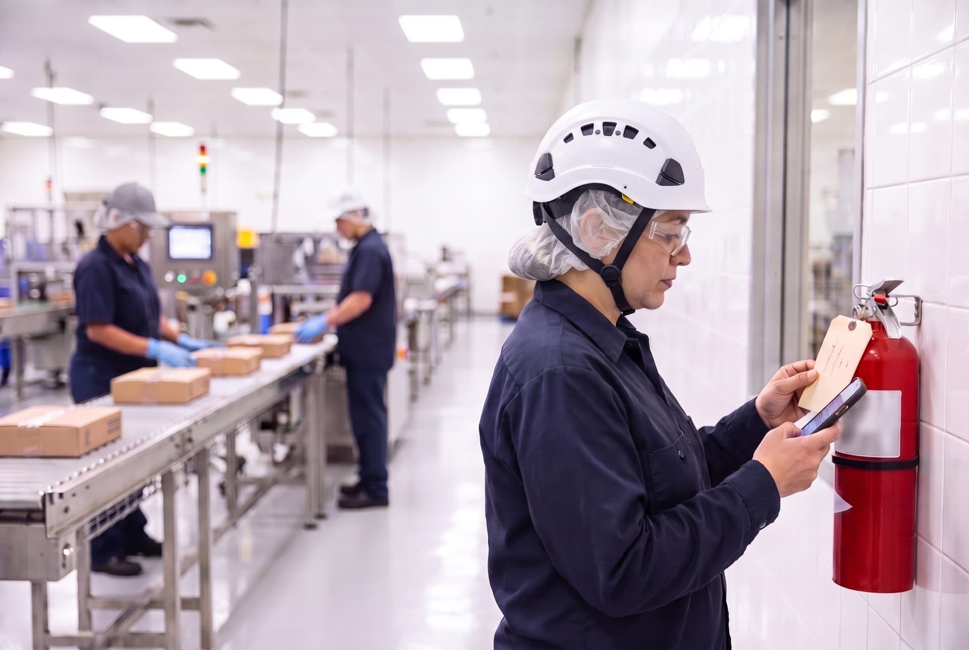 A maintenance lead in a food plant, in a safety helmet over a hairnet, checking the inspection tag on a fire extinguisher