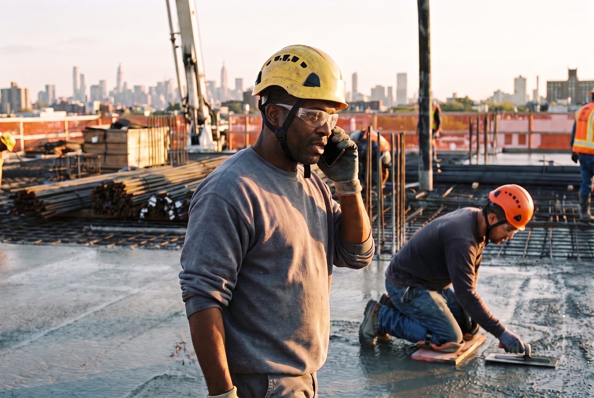 A concrete foreman in a weathered yellow helmet speaking into his phone on a fresh pour, a finisher working behind him