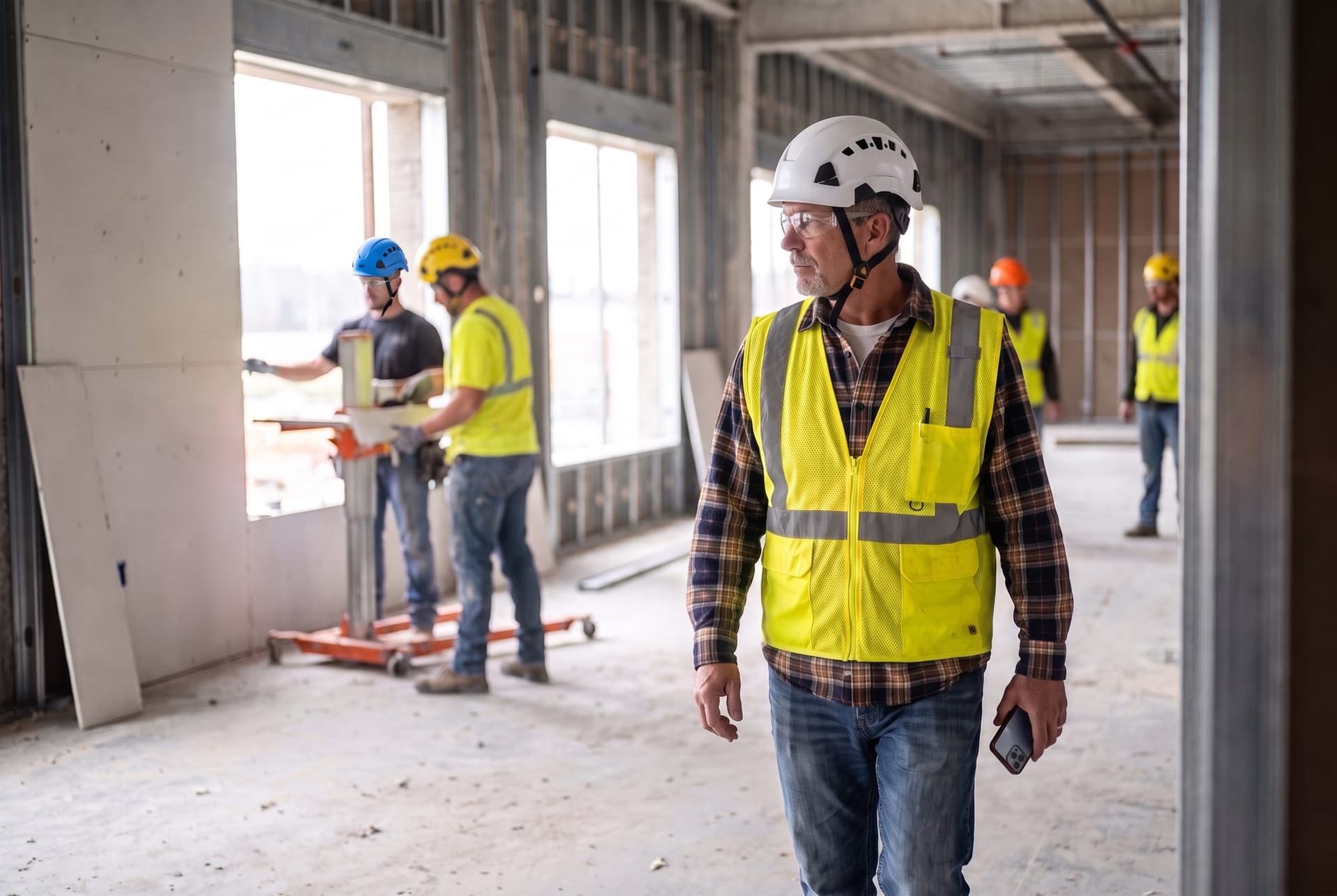 A construction superintendent walking a framed-out floor, phone in hand, with trades working behind him