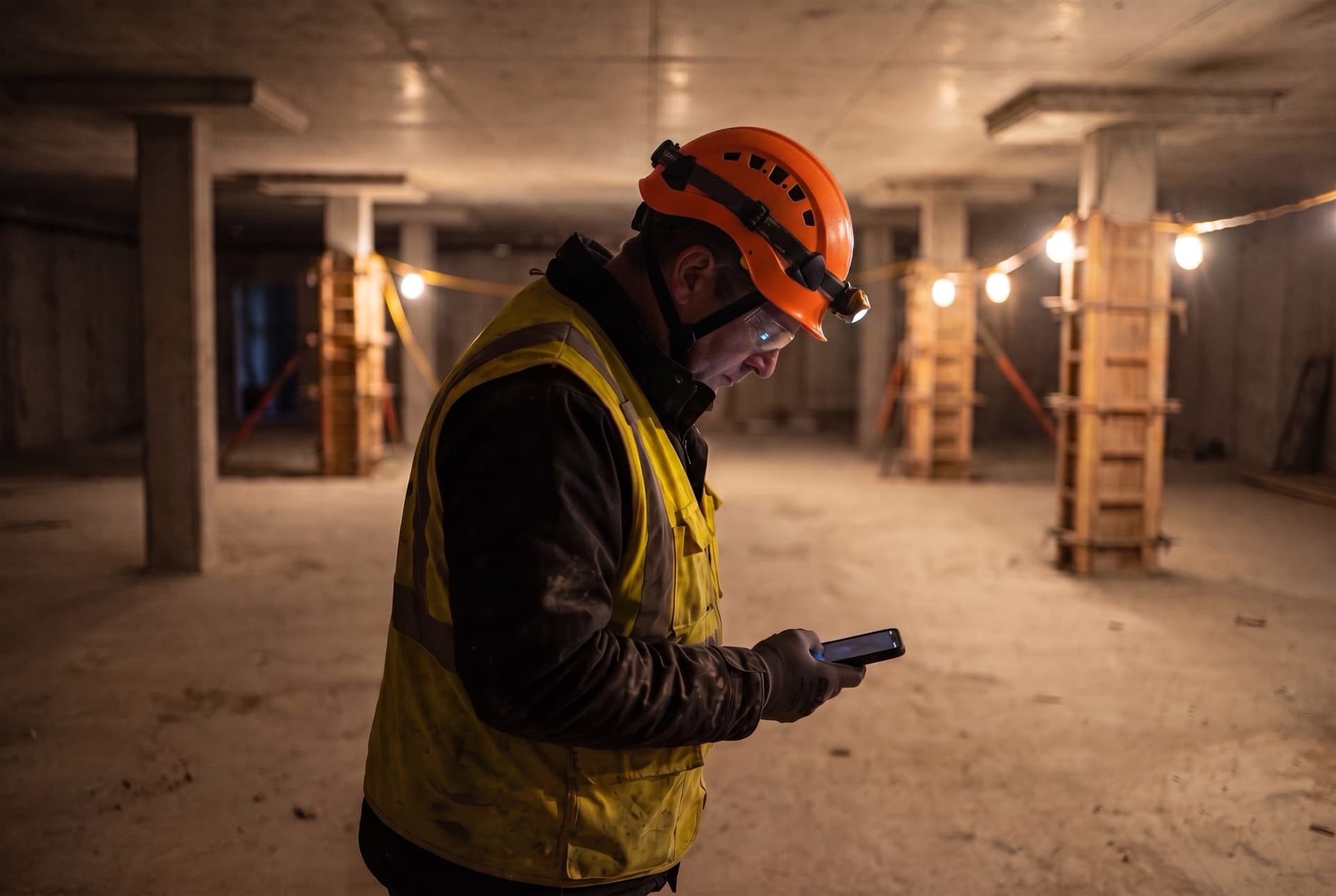 A superintendent filling in a form on a phone in a dim parking structure