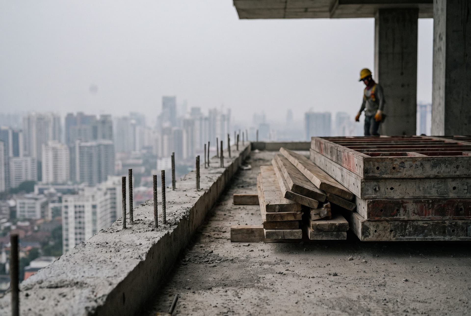 An open slab edge with no guardrail, rebar dowels along it and the city hazy beyond