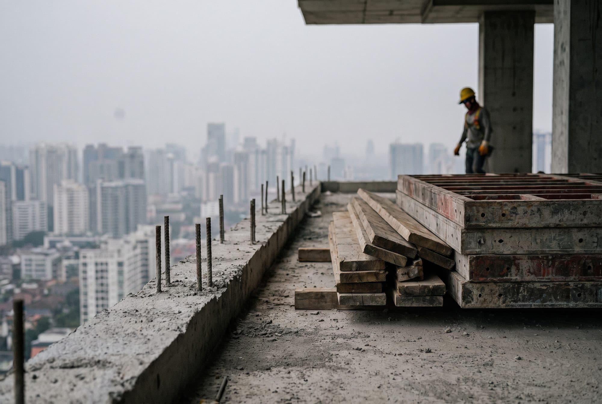 An open slab edge with no guardrail, rebar dowels along it and the city hazy beyond