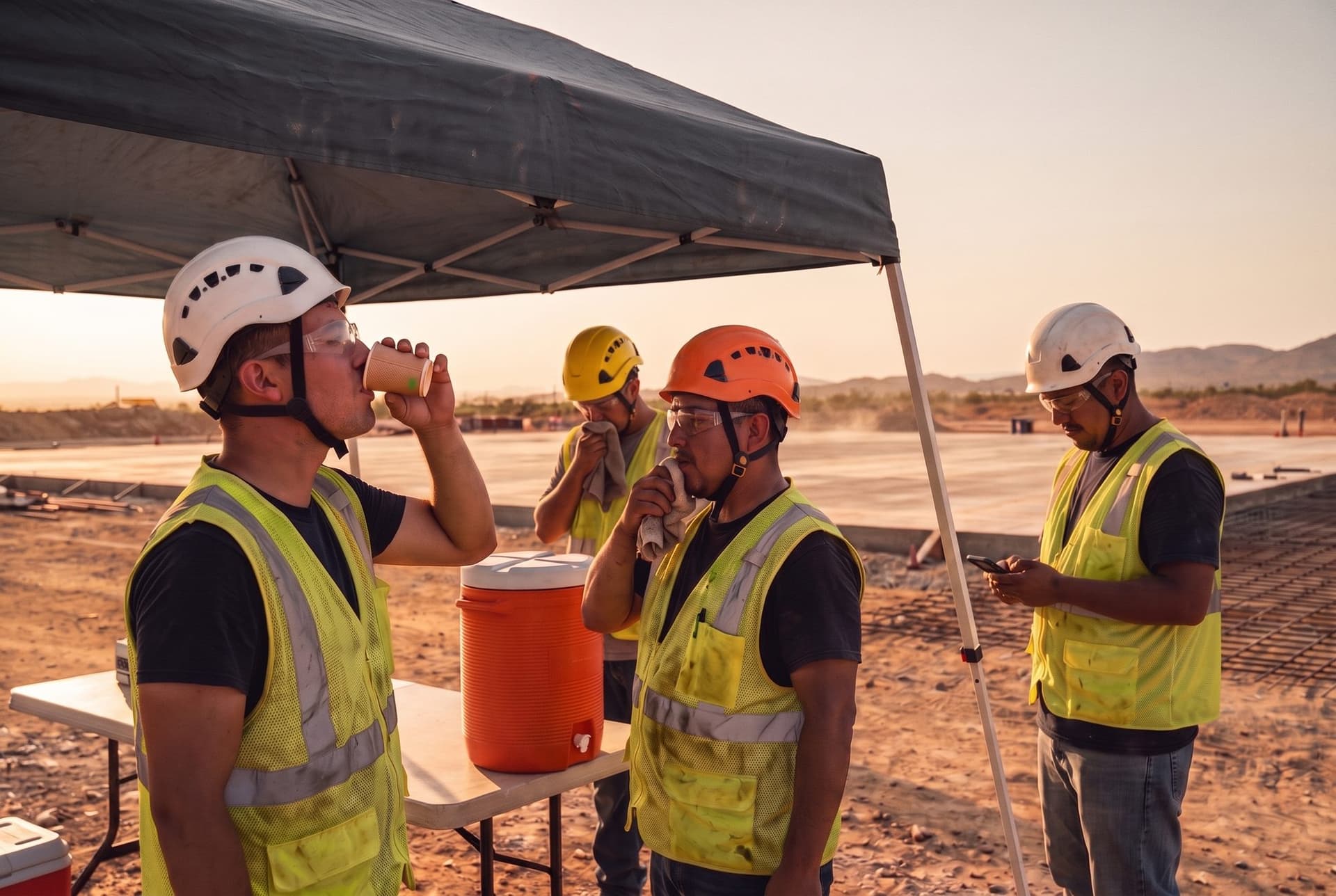 A concrete crew in strapped helmets and clear glasses taking a water and shade break under a canopy on a sun-baked site