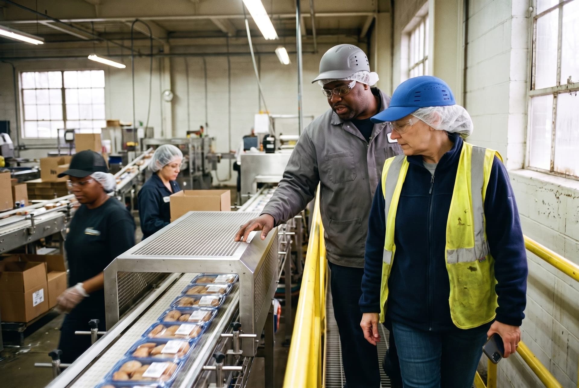 A risk control consultant and a plant manager checking a conveyor guard on a food packaging line