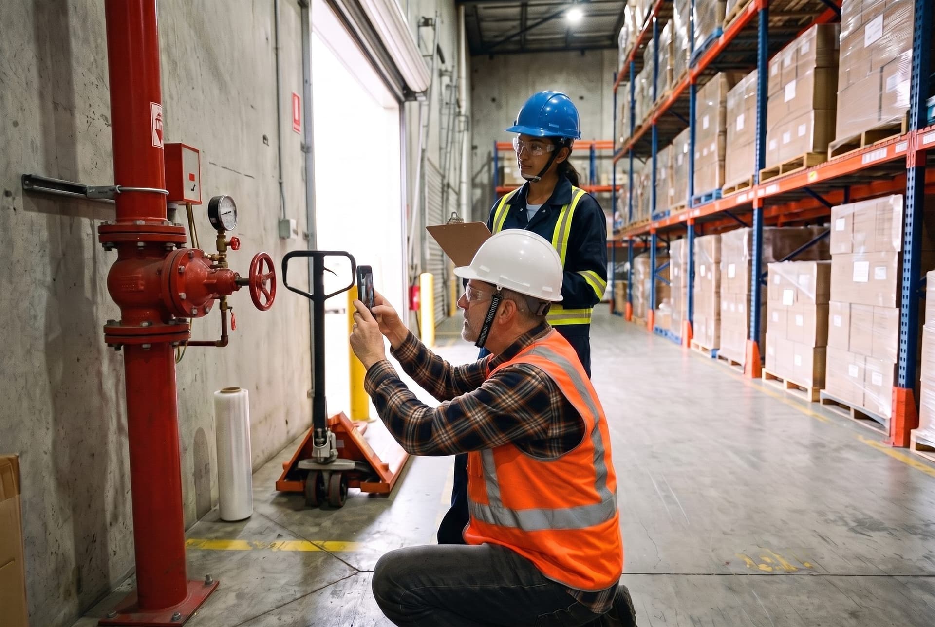 A risk control consultant photographing a sprinkler riser valve while the warehouse manager looks down the racking