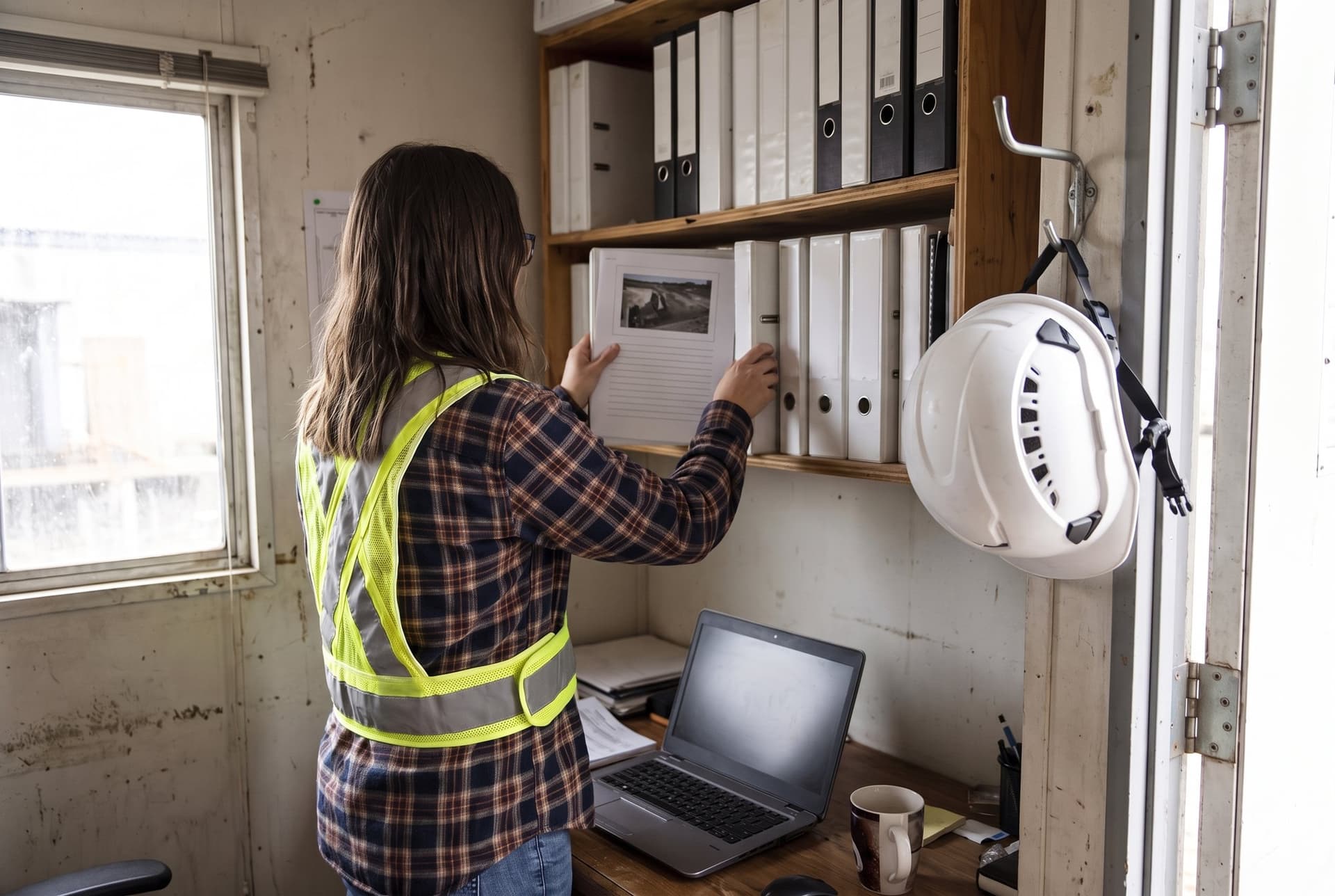 A project engineer filing a printed record into the project binders in a site trailer