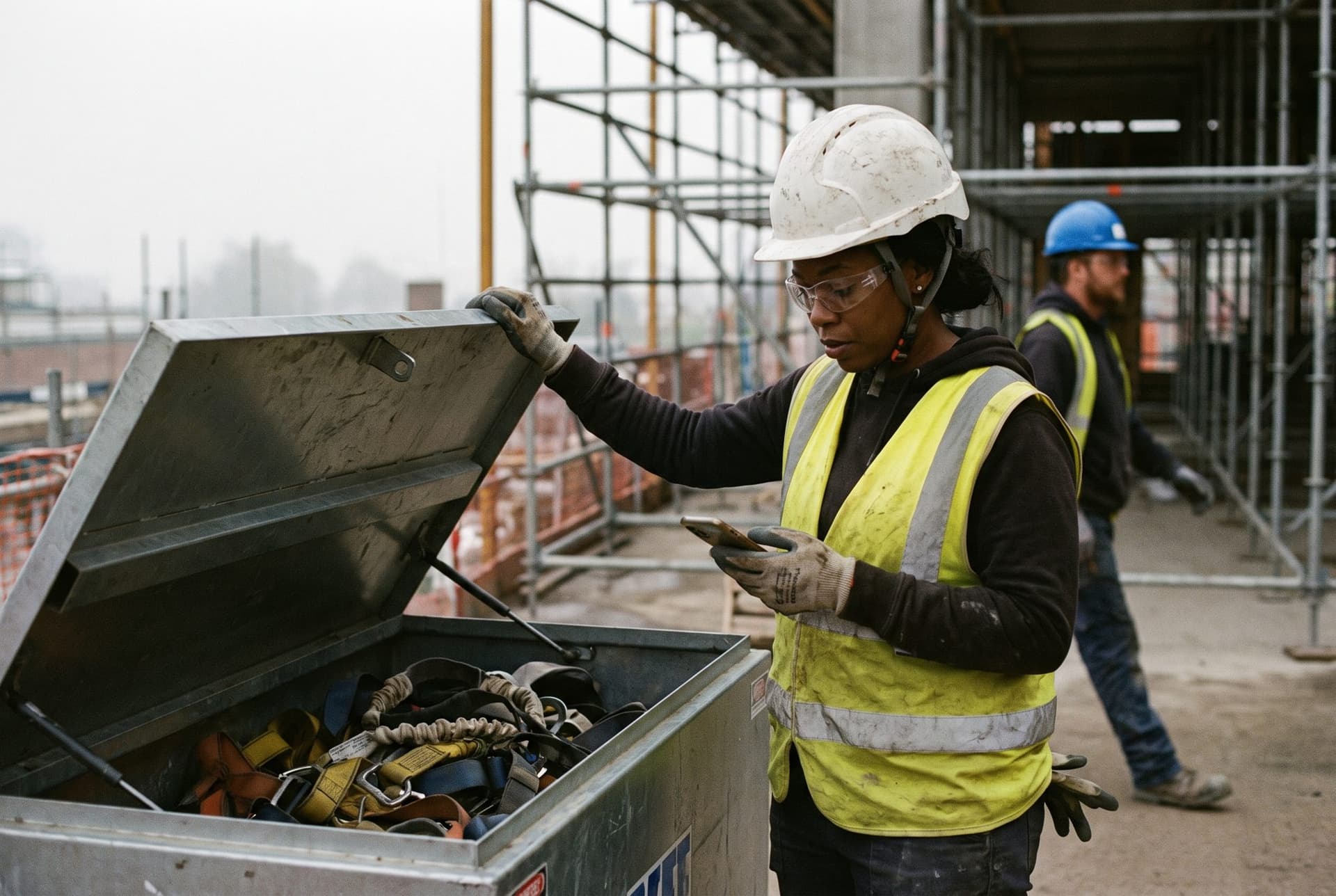 A crew lead beside an open gang box of harnesses, checking the fall protection rule on her phone before the shift