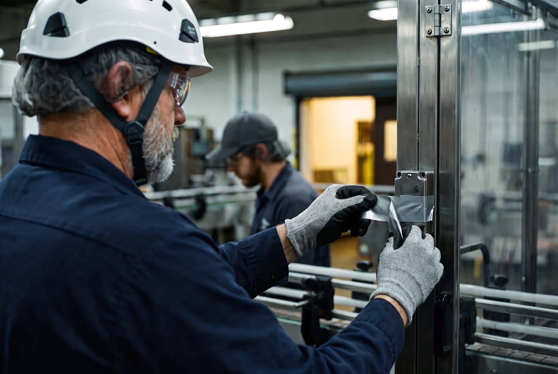 A maintenance technician in a safety helmet and gloves peels duct tape off the safety interlock on a packaging machine guard door