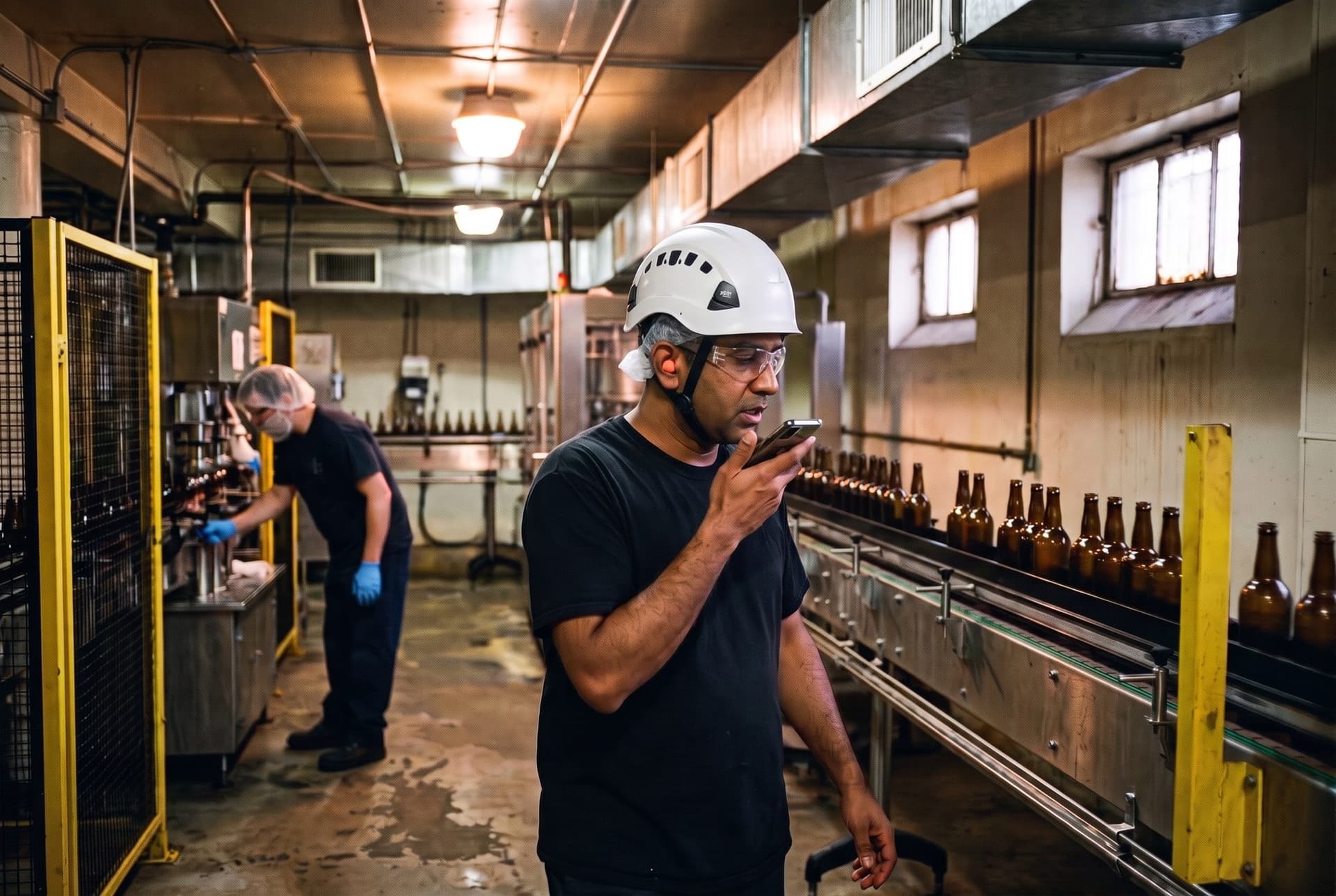 A team leader in a safety helmet over a hairnet speaks a finding into his phone beside a bottling line while an operator works at the filler behind him
