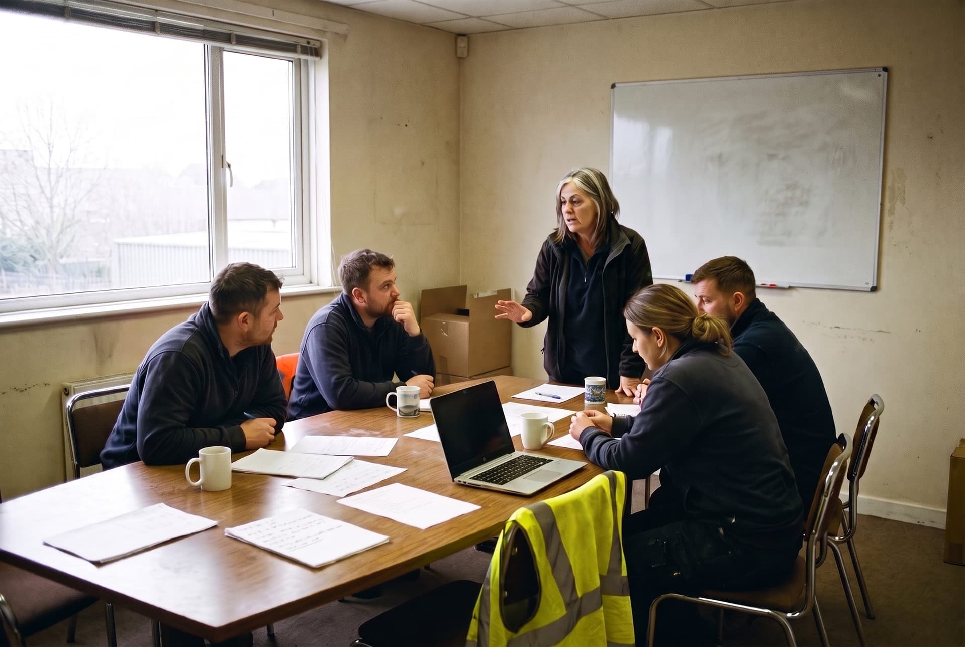An operations director standing at the table during a monthly review, the team listening