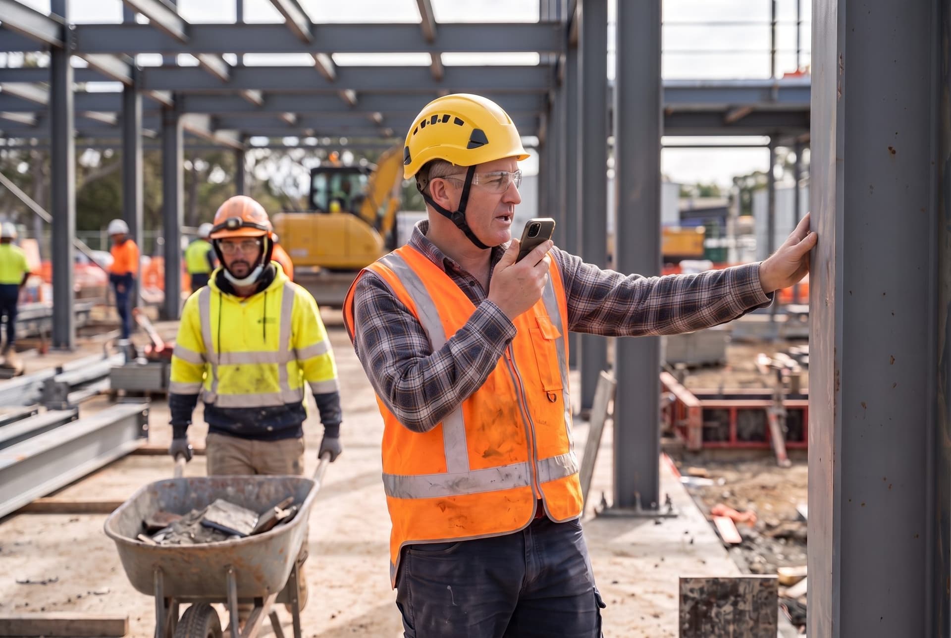 A superintendent talking a note into his phone beside the steel frame