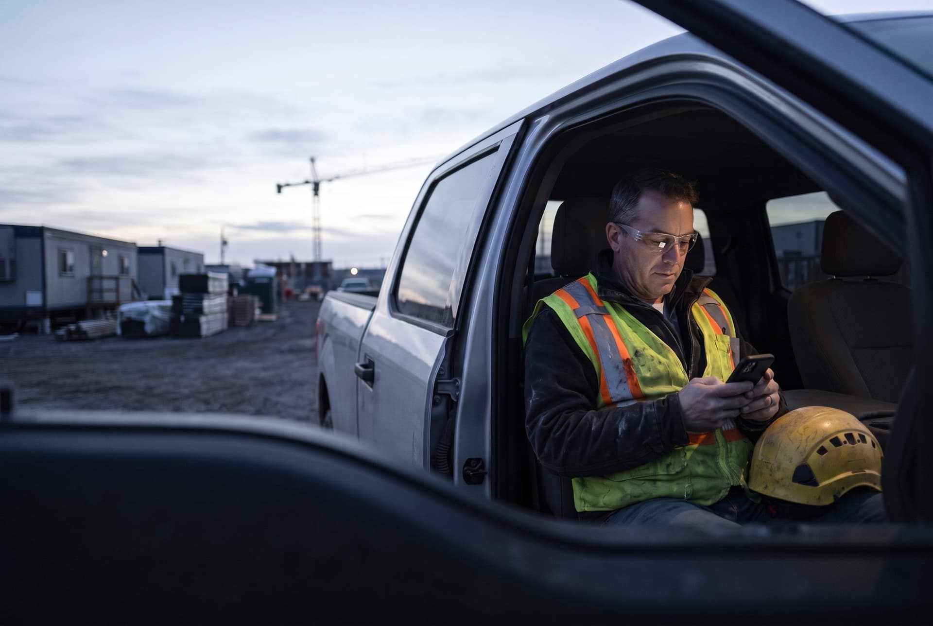An operations manager in his truck at dawn, checking his sites on his phone before he drives out