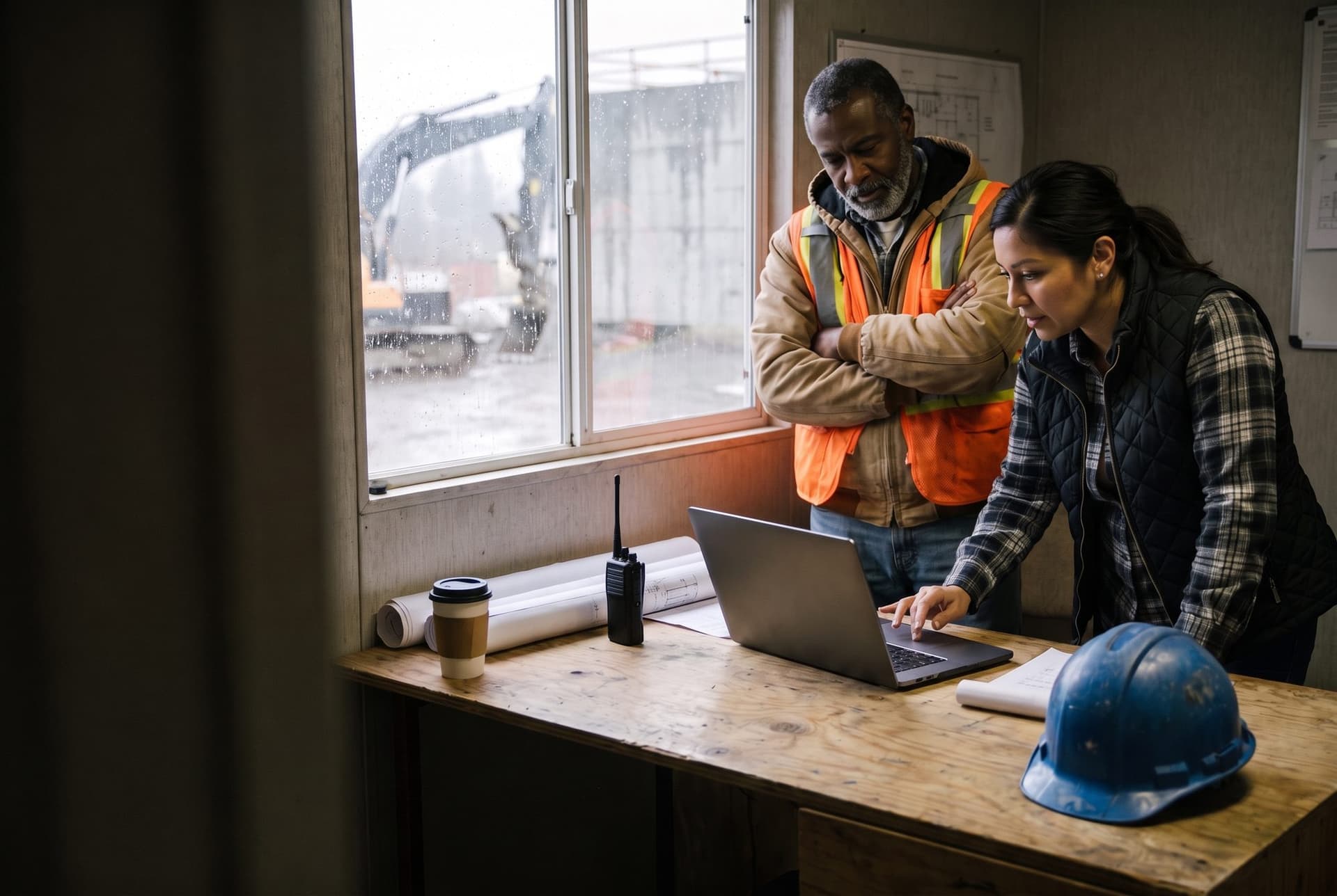 An operations director and a site superintendent in a site trailer, reviewing their projects on a laptop