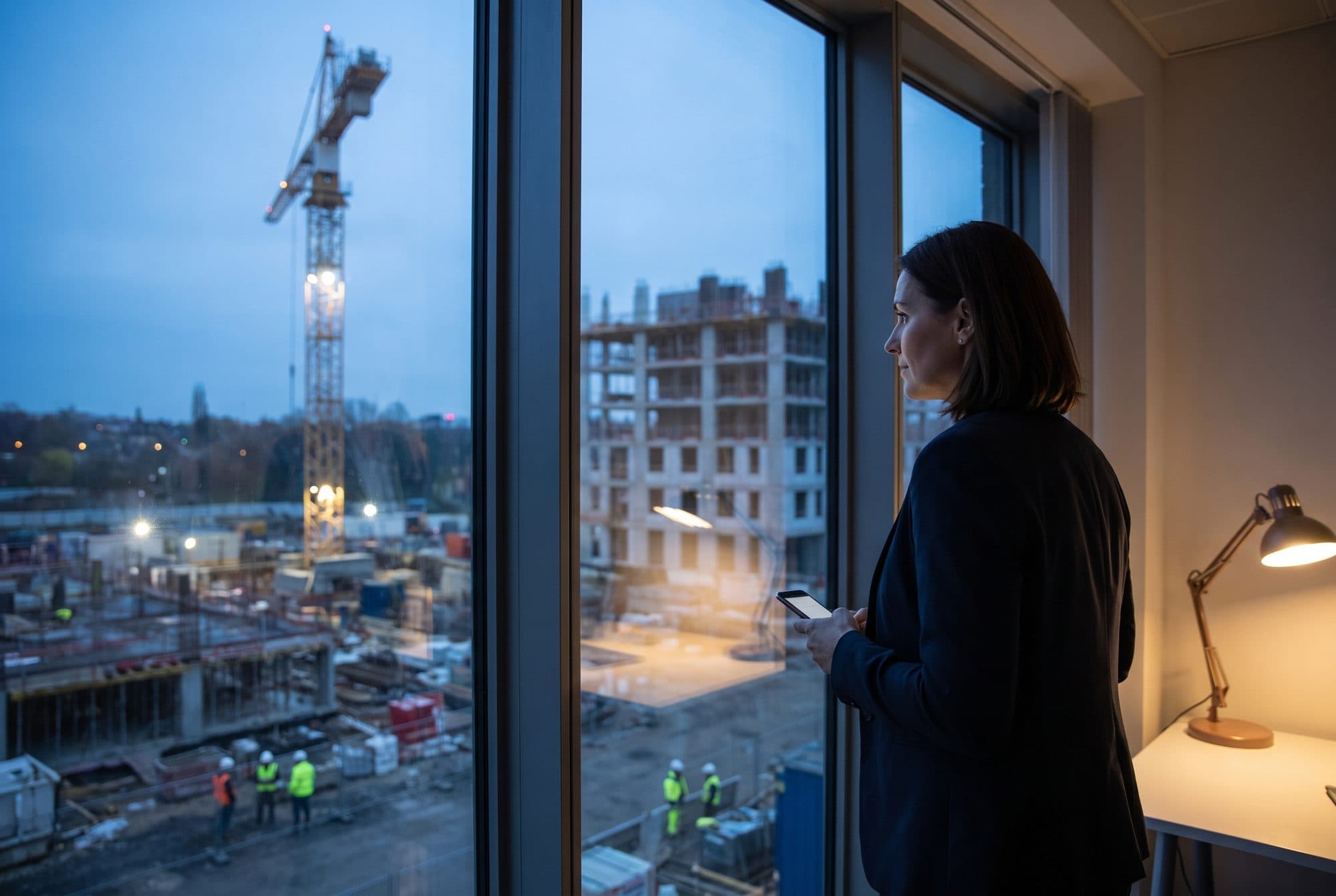 An operations director at a site office window at dusk, phone in hand, looking out over a crane and a crew at work below