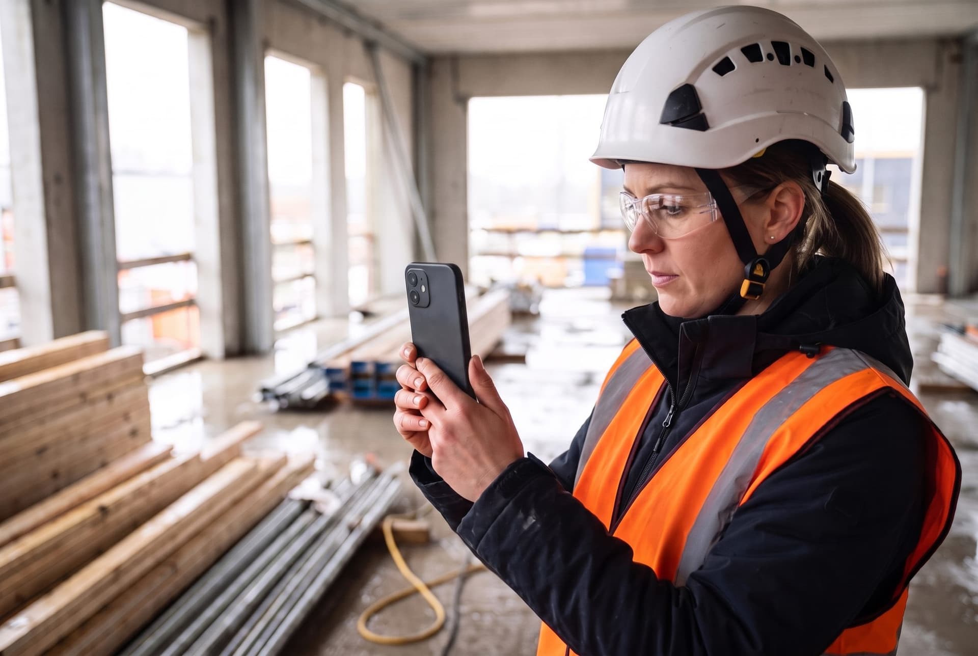A worker photographing extension cords across a wet walkway with her phone