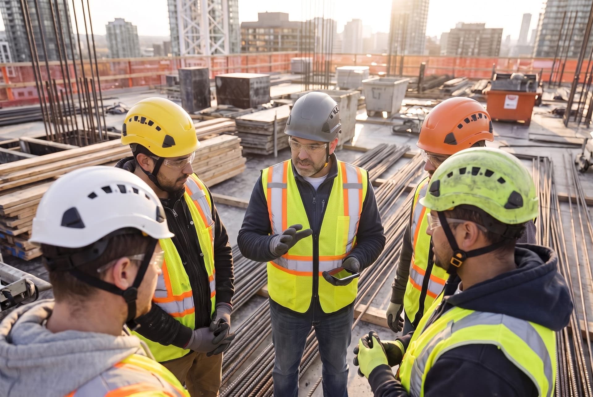 A concrete crew huddled around the foreman at the start of the shift on a high-rise deck