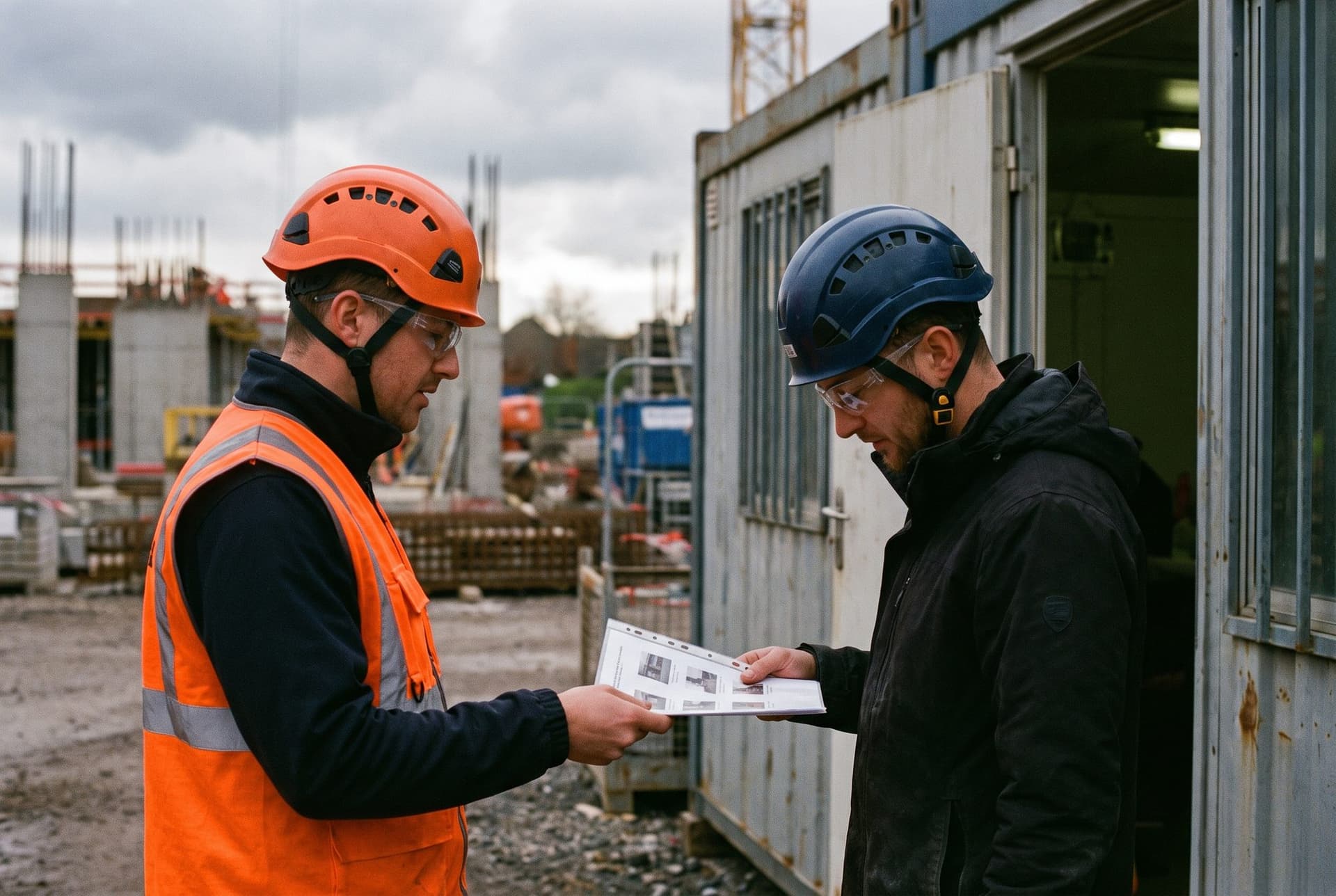 A project manager handing the printed inspection report to the owner's representative at the site trailer