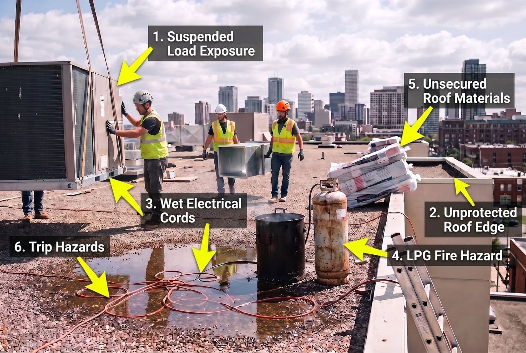 A rooftop photo with six hazards marked by AI: suspended load exposure, an unprotected roof edge, wet electrical cords, an LPG fire hazard, unsecured roof materials and trip hazards