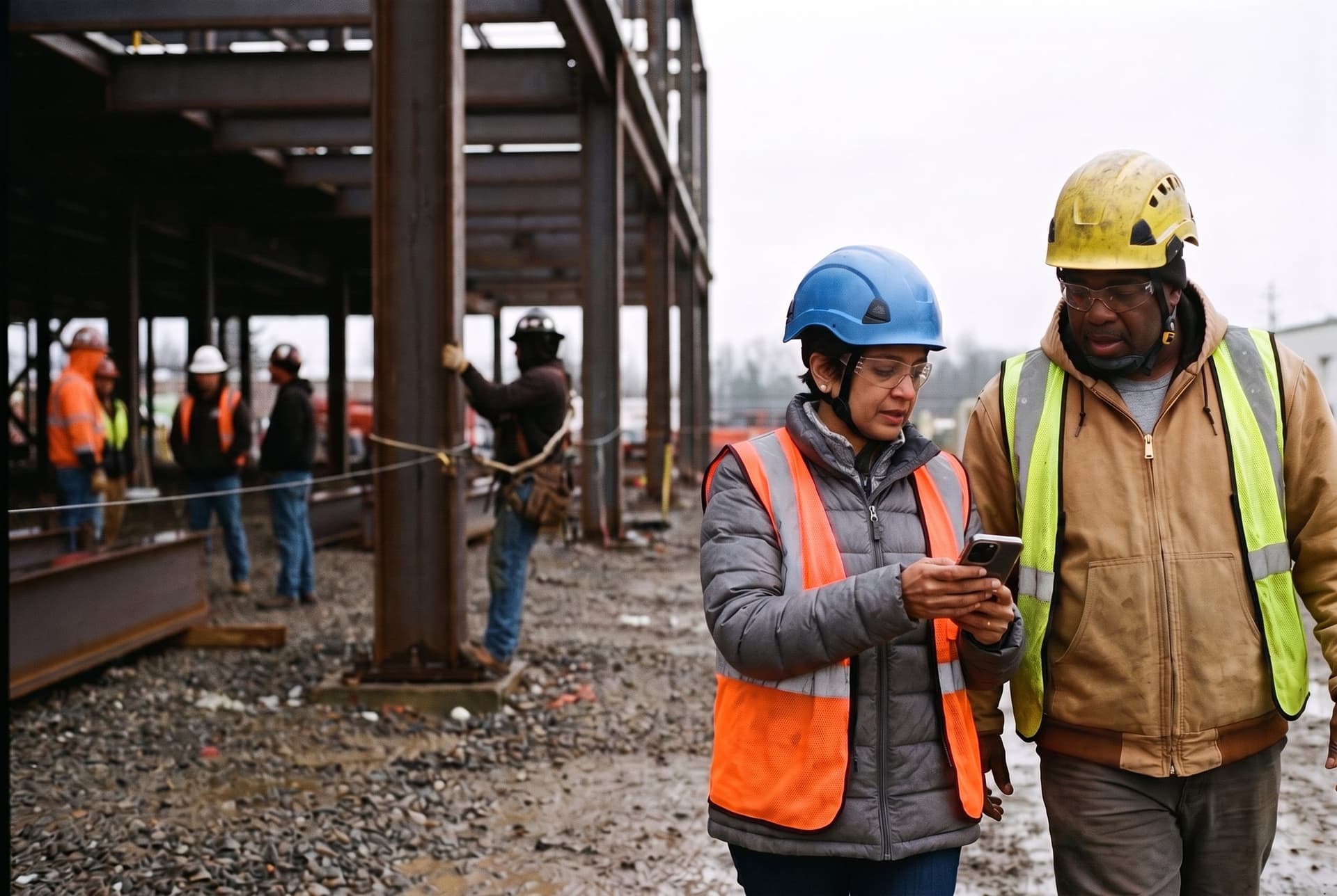 A safety director and a superintendent walking a steel erection site, reading a finding on her phone