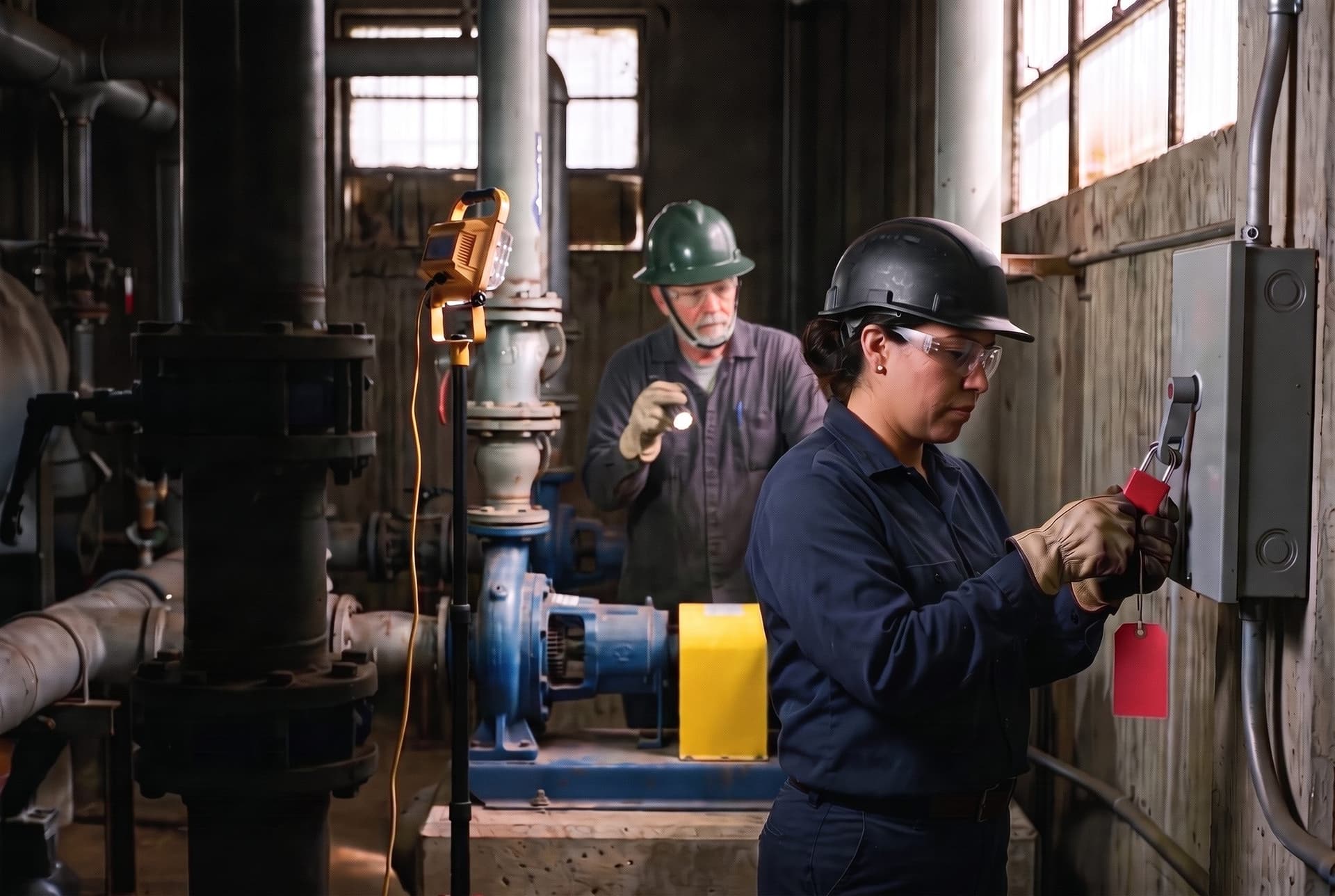 A maintenance technician closing her personal padlock and tag on a pump disconnect while a colleague waits by the pump with a flashlight