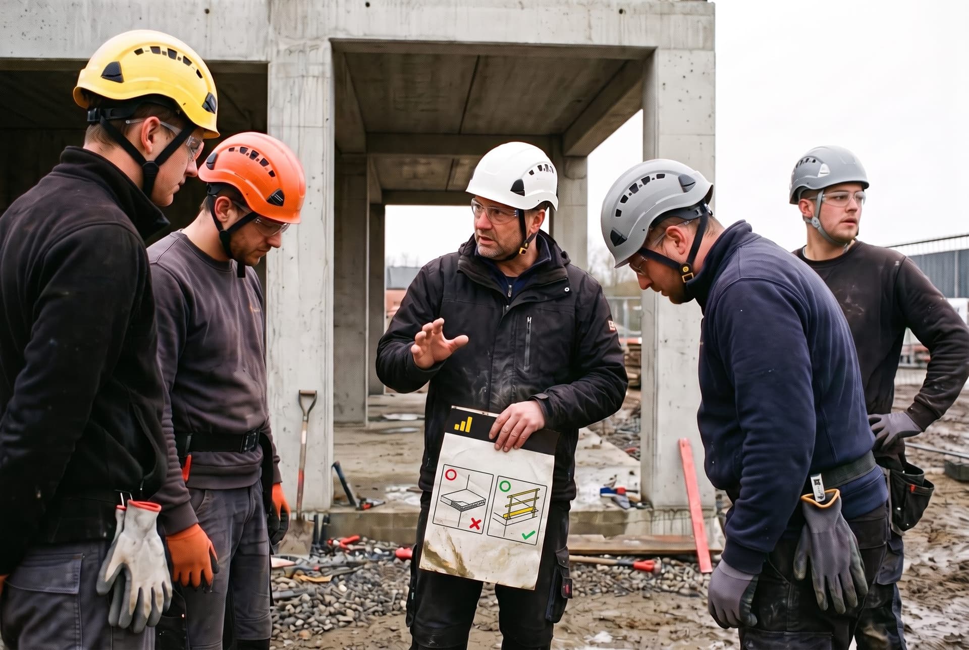 A foreman holding up a printed toolbox talk poster for his crew at the start of the shift