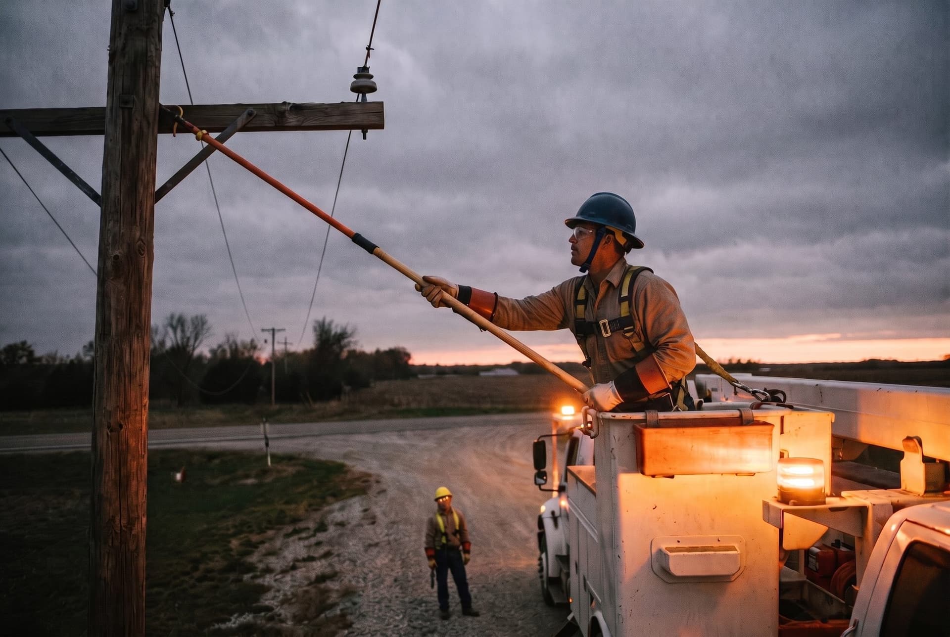 A lineworker in a harness in a bucket truck reaching a crossarm with a hot stick at dusk while a crew member watches from the road