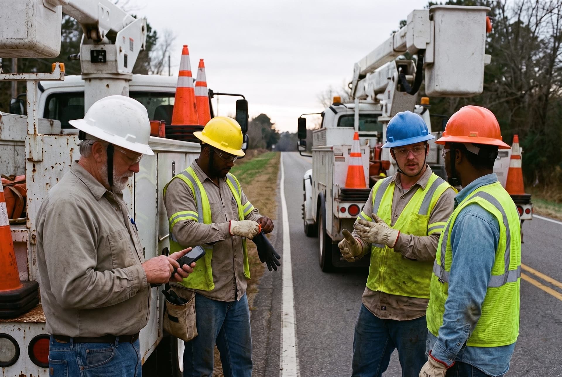 A line crew on an overcast afternoon beside their bucket trucks on a rural road, the foreman checking his phone while one lineworker pulls on rubber gloves and another talks