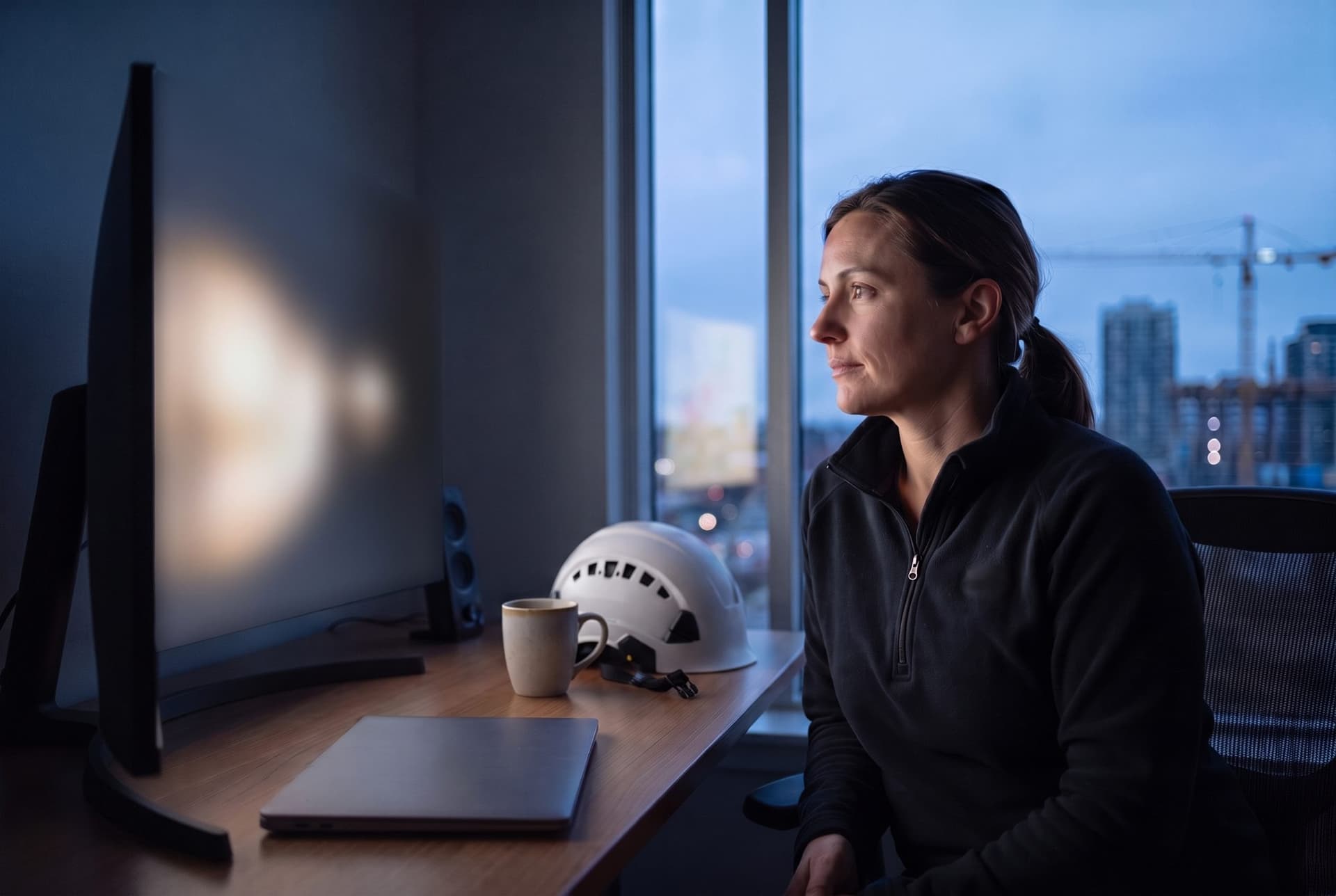 An operations director at her desk at dusk, her safety helmet on the desk beside her
