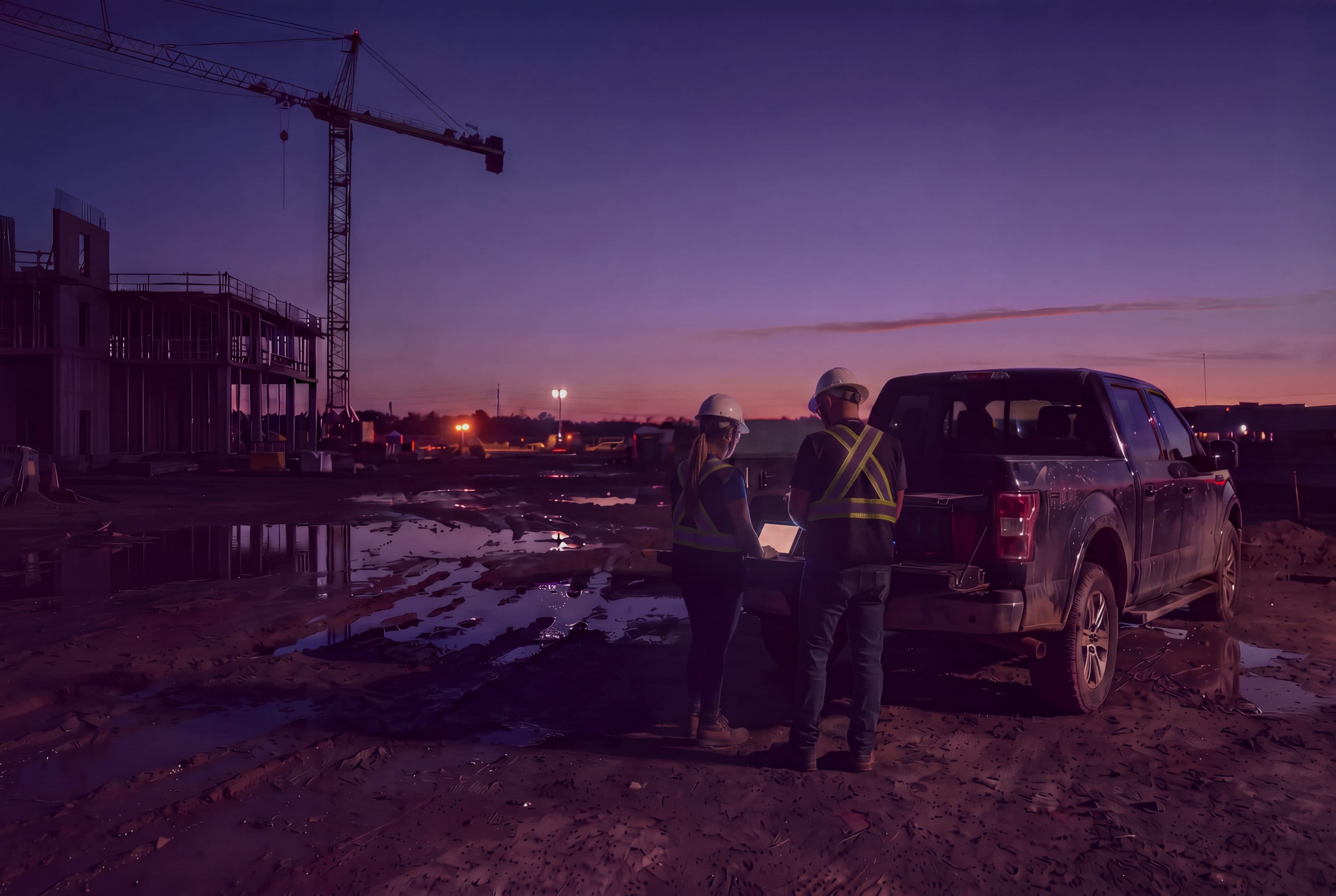 Two workers in hard hats at a pickup tailgate after dark, reviewing a tablet, with a concrete frame and a tower crane against the last light