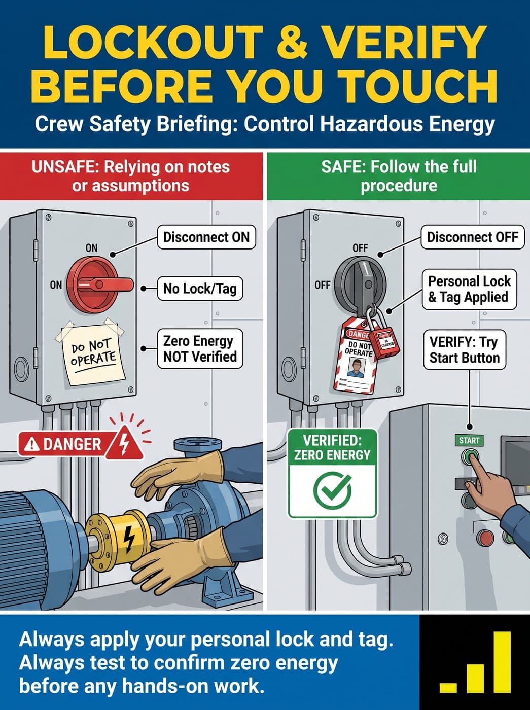 A Stepo toolbox talk poster on lockout: unsafe, a note on a disconnect that is still on; safe, a personal lock and tag, then a try of the start button to verify zero energy