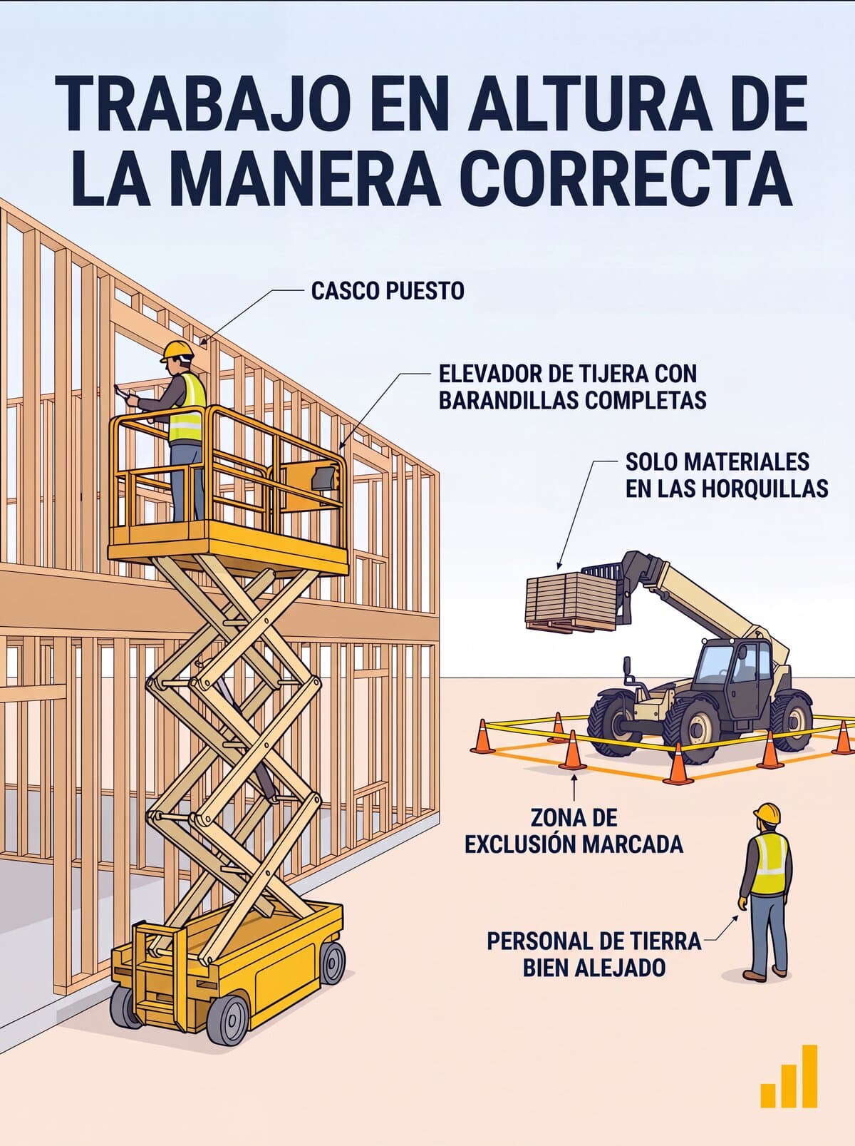 El mismo cartel en español: elevador de tijera con barandillas completas, casco puesto, solo materiales en las horquillas, zona de exclusión marcada y personal de tierra bien alejado