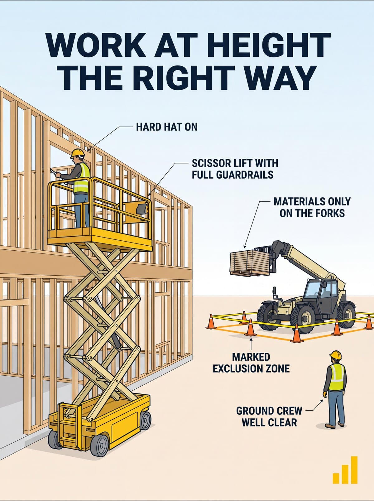 The toolbox talk poster drafted from those hazards, showing the work done safely: a scissor lift with full guardrails, a hard hat on, materials only on the telehandler forks, a marked exclusion zone and the ground crew well clear